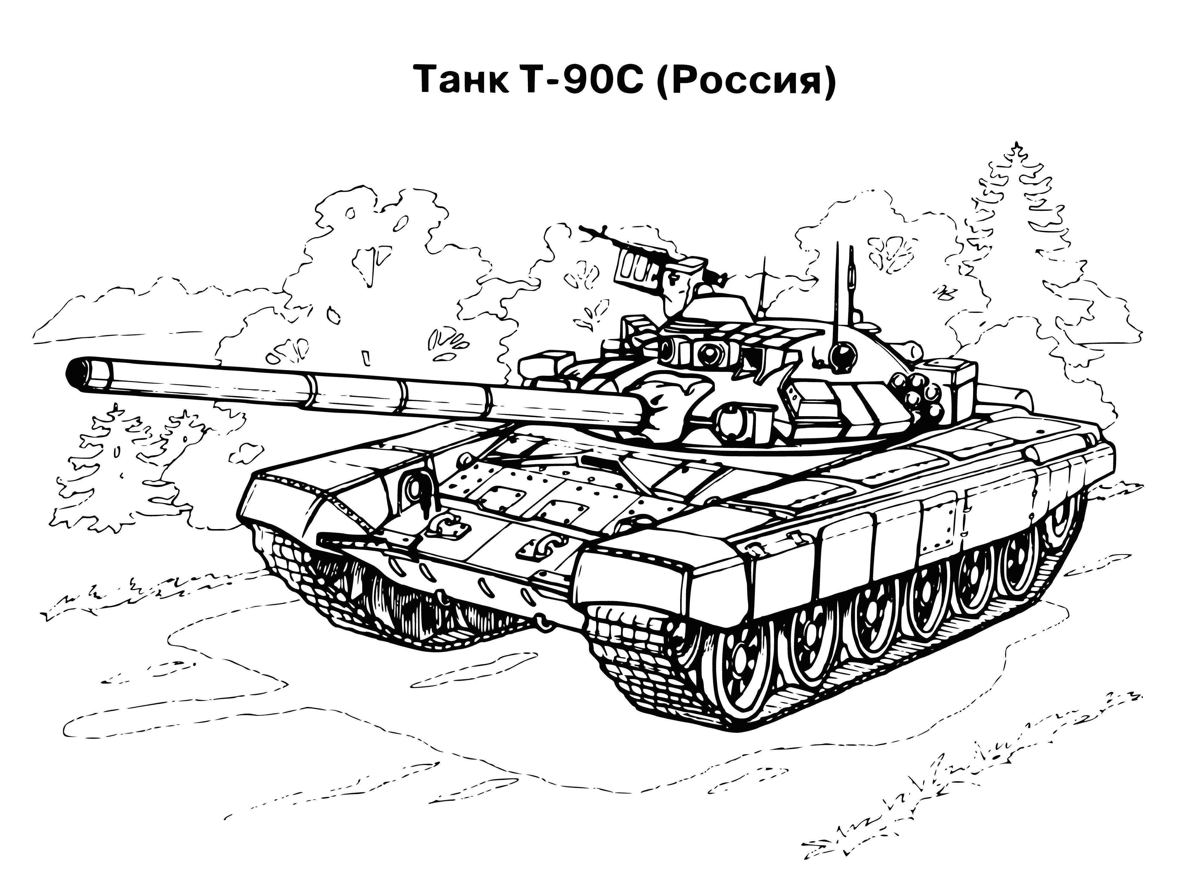 coloring page: Large tank w/ gun turret & Russian flag parked in field; trees & houses in background.