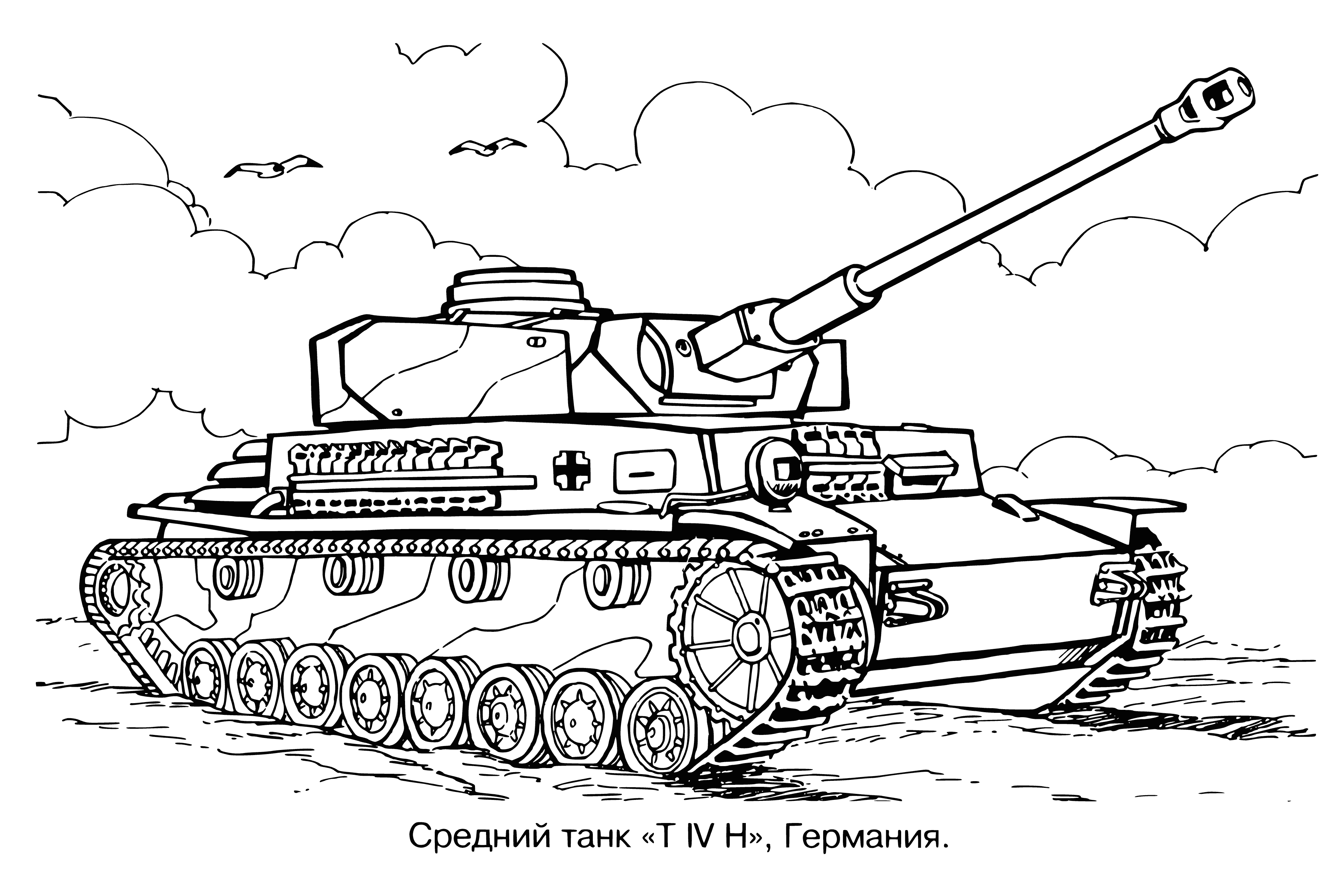 coloring page: Tank on dirt road with turret & machine gun. Camo colors of khaki, brown & green, trees & bushes in background.