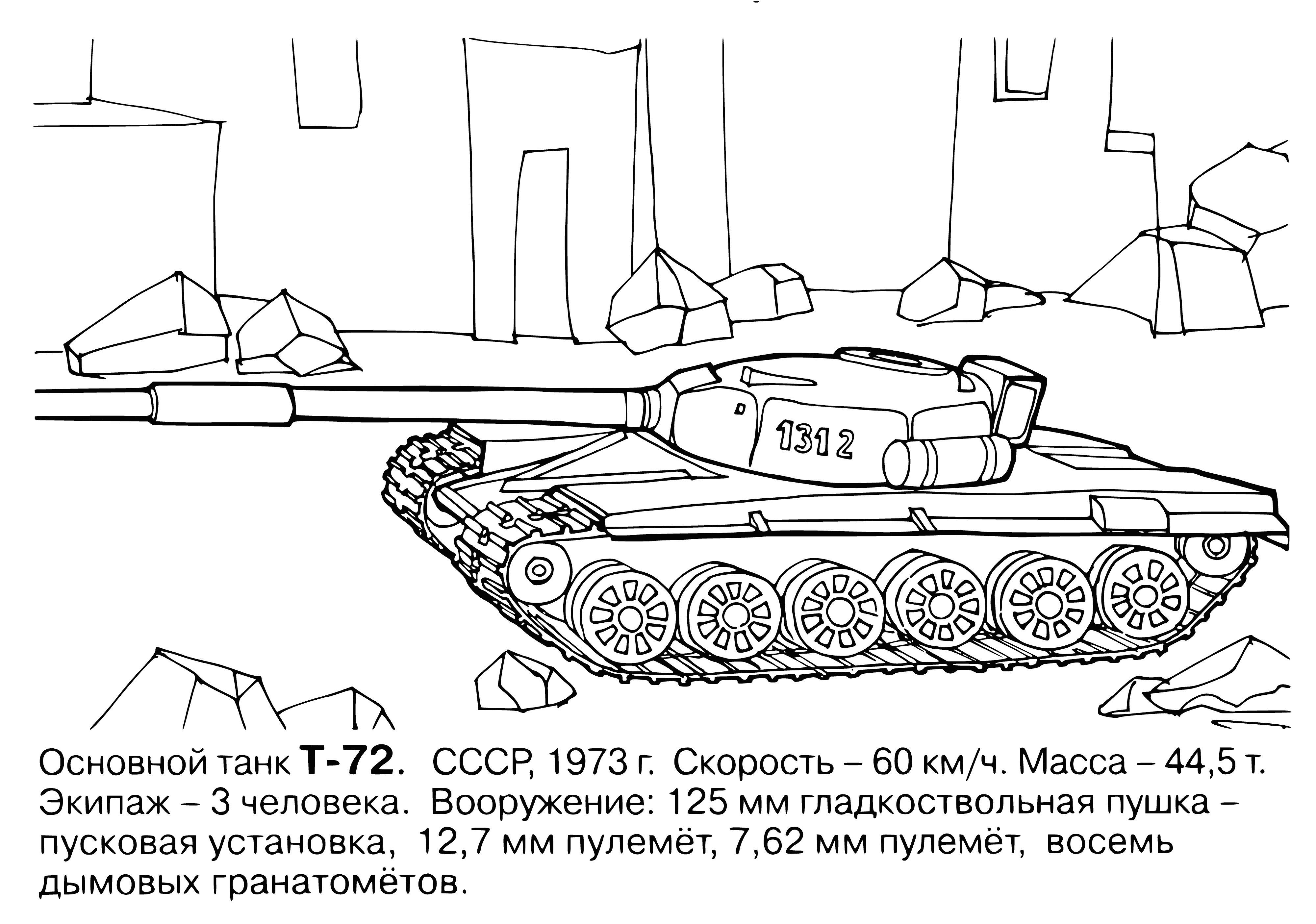 coloring page: Soviet tank w/ turret, tracks, window & Russian flag.
