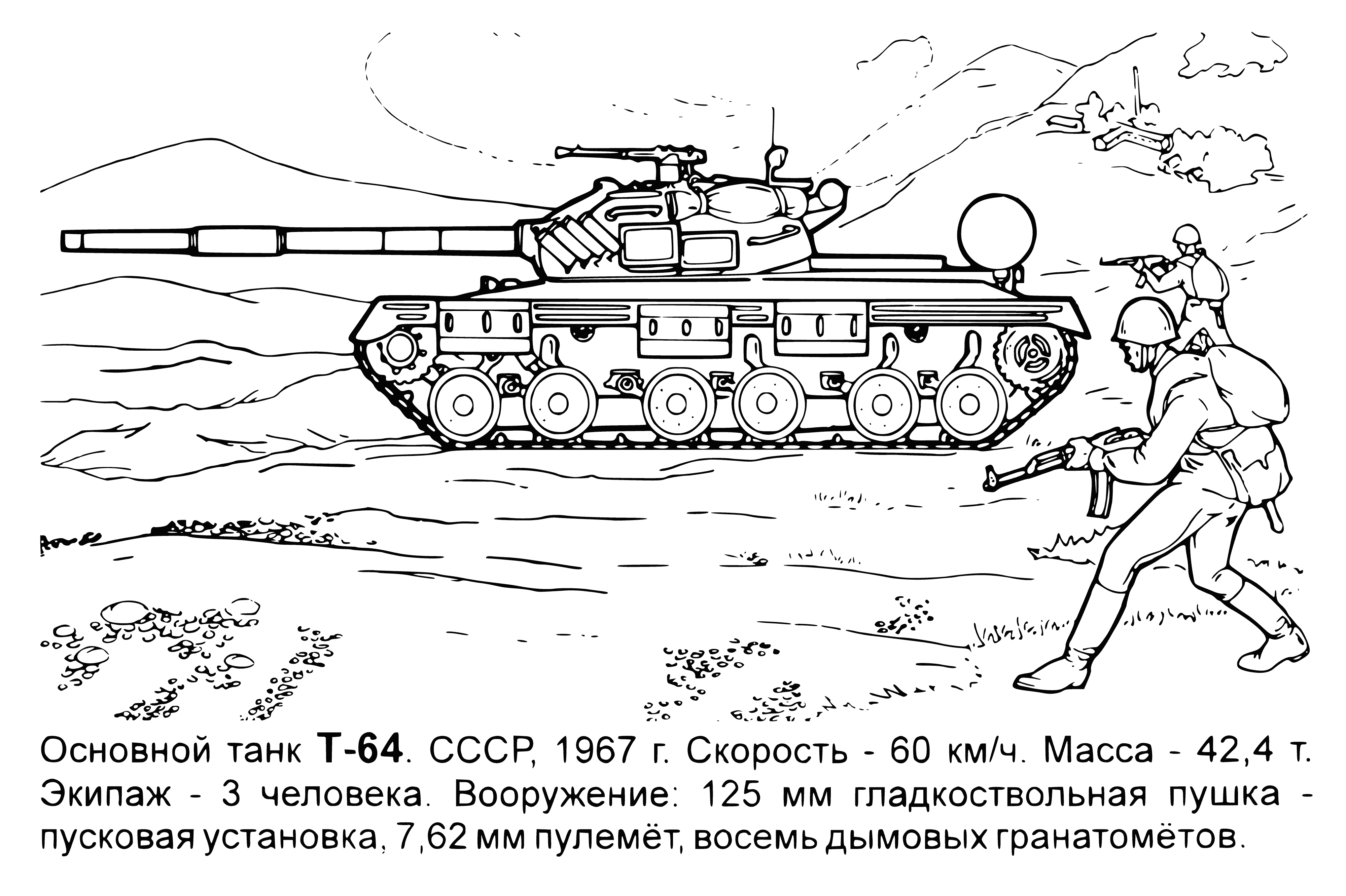 coloring page: Soviet tank is a combat vehicle w/ powerful engine, thick armor & turret w/ large gun, designed for front-line combat.