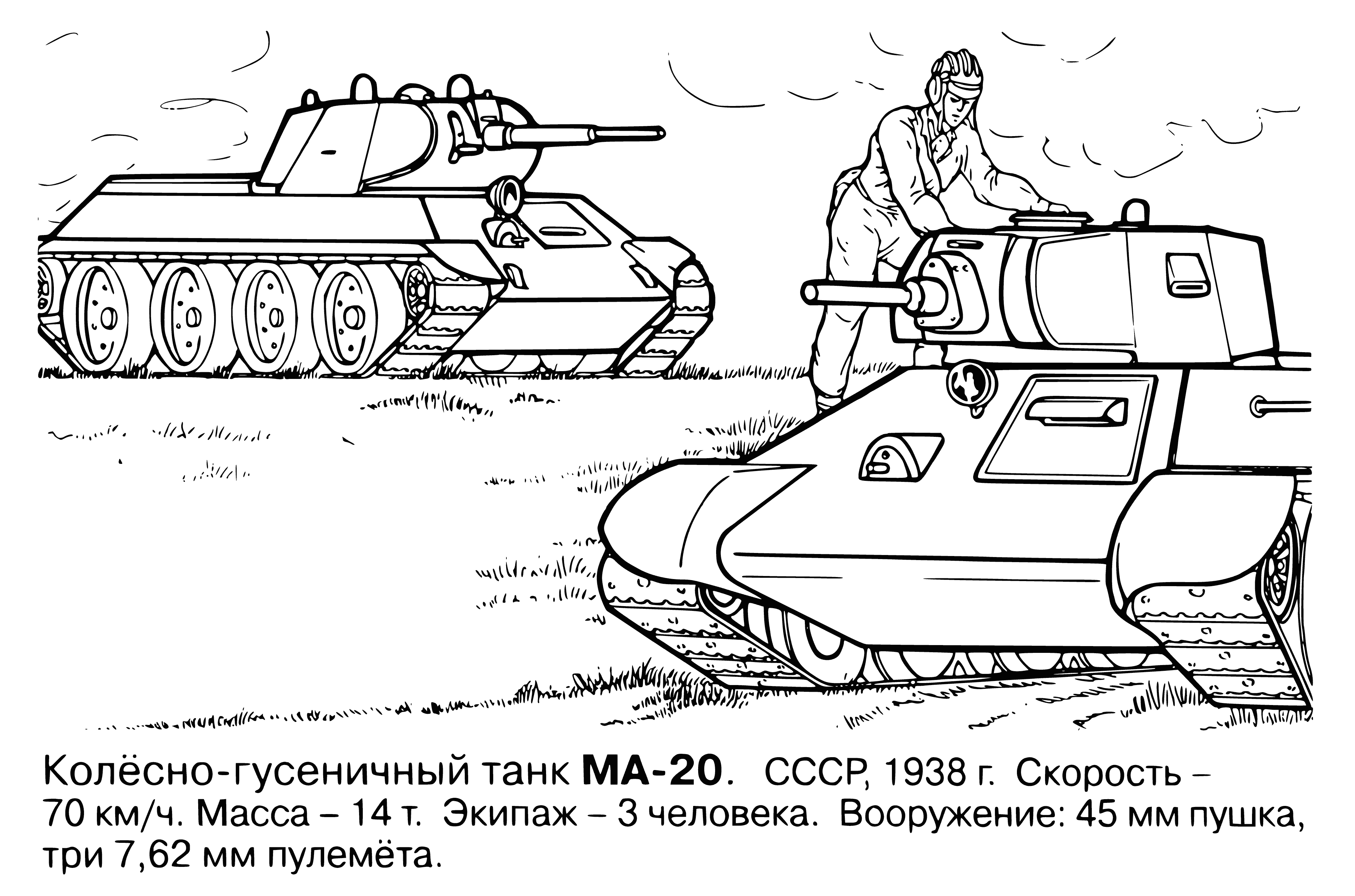 coloring page: Large tank w/track wheels, 2 large guns + small gun on top in grassy field. #coloringpage