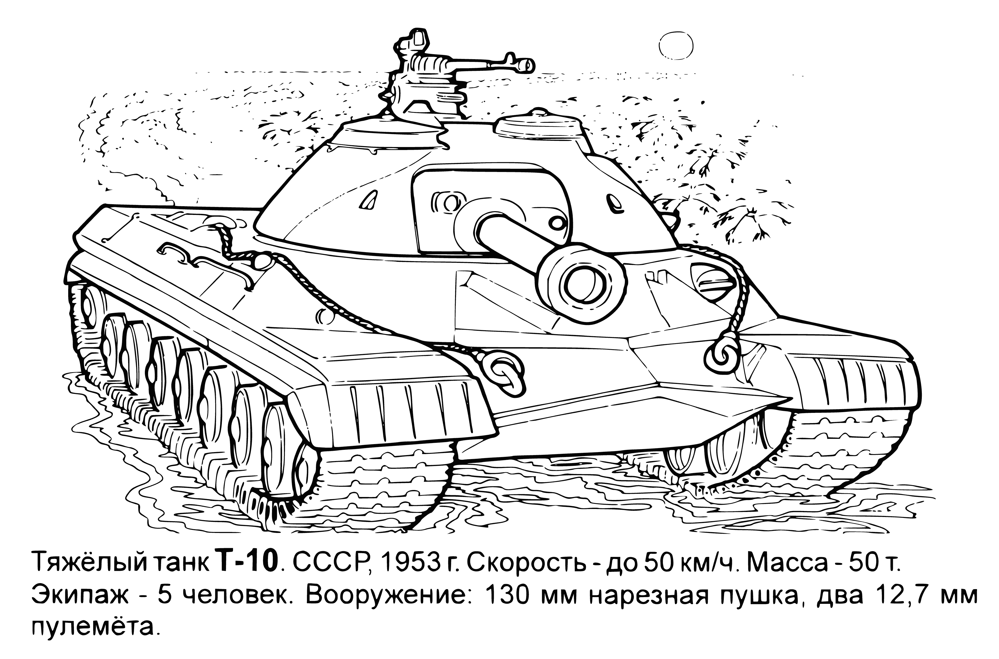 coloring page: Three tanks line up; metal, big, green with treads and guns on the front.