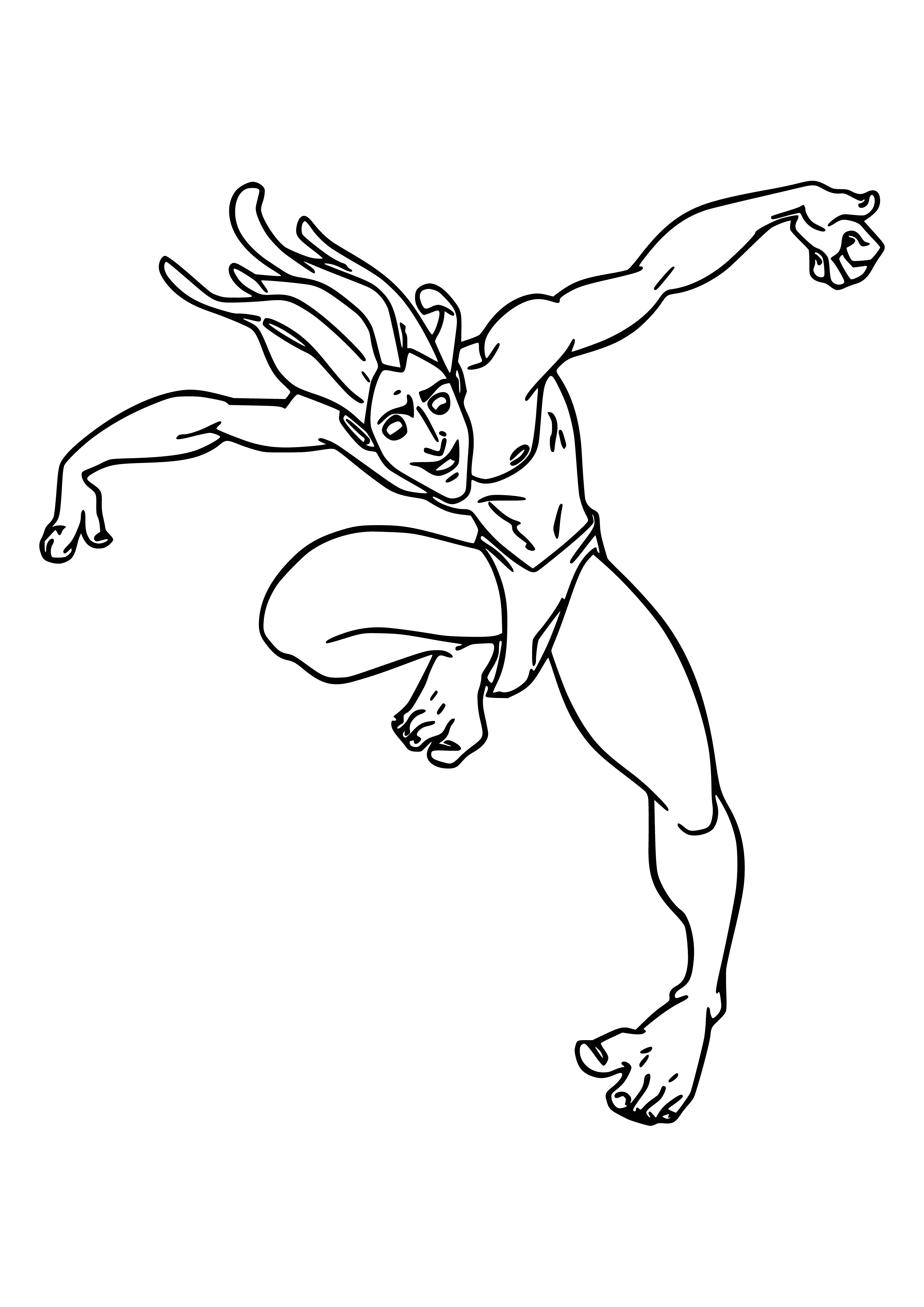 coloring page: A muscular man with long, flowing hair stands on a tree branch, firmly gripping a vine while his gaze is fixed on something in the distance.