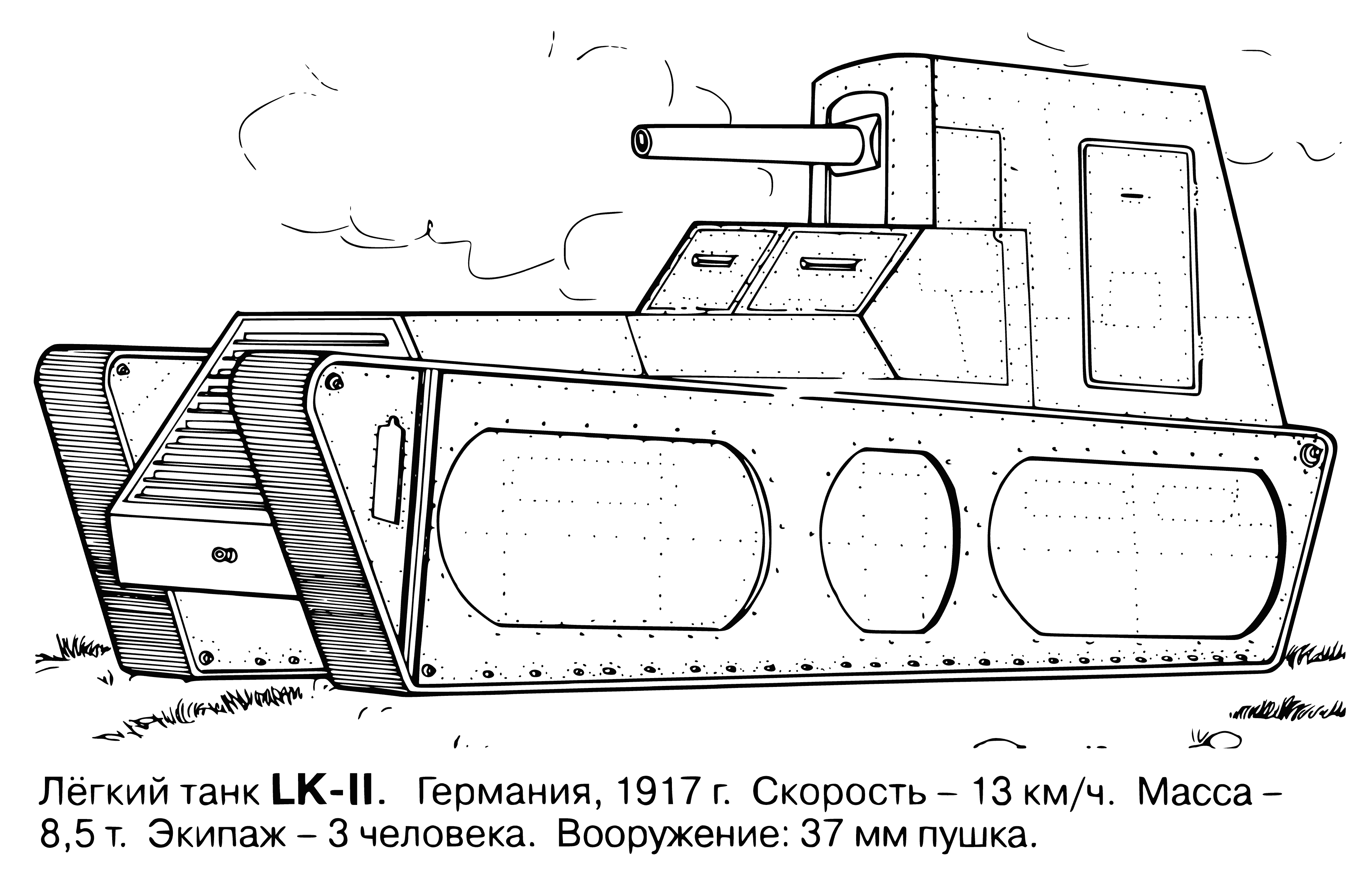 coloring page: Tank w/ light color, turret & person, moves forward.