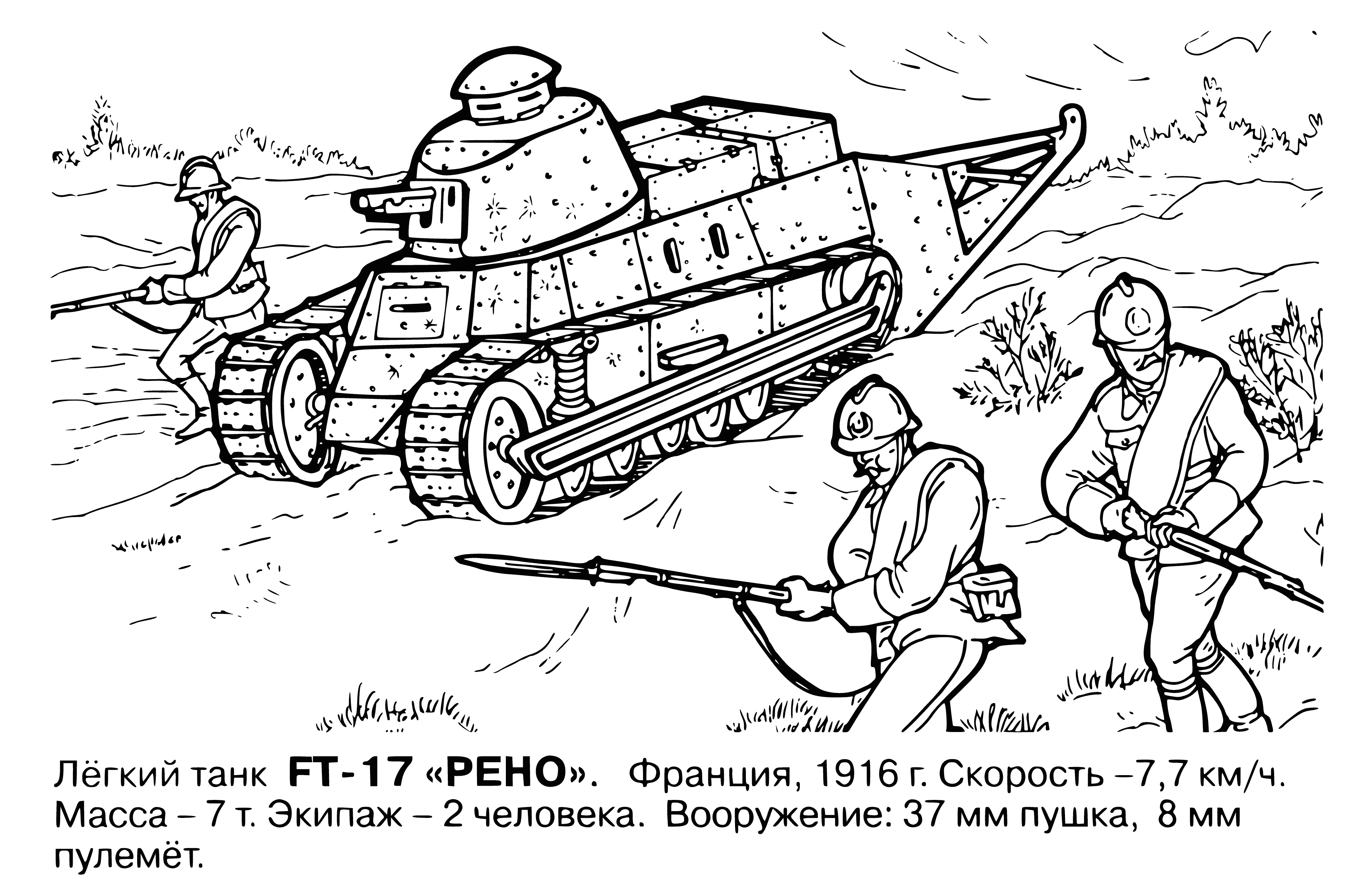 coloring page: Light tanks use mobility & smaller arms to scout, respond quickly to threats, & provide protection for heavier tanks.