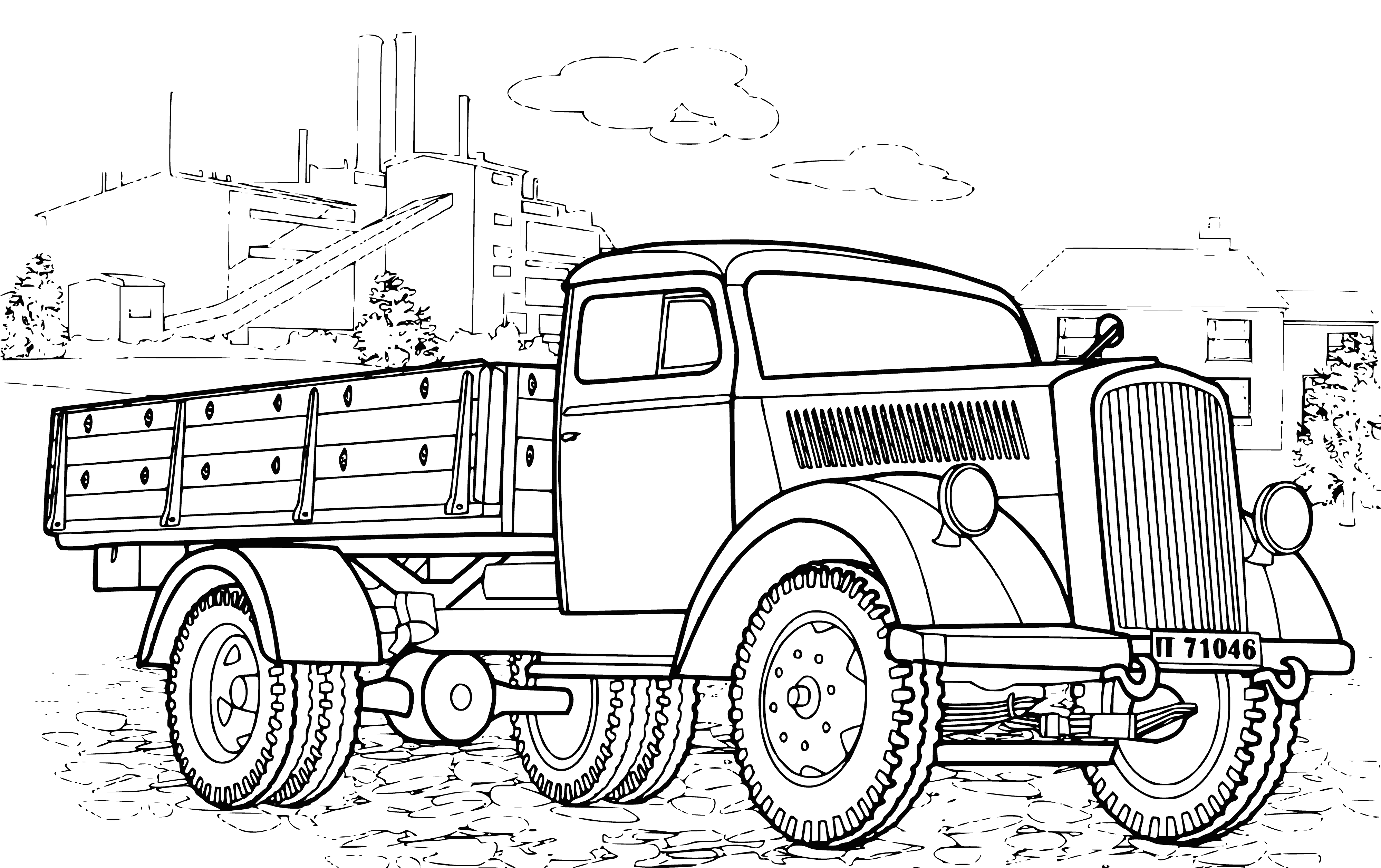 coloring page: Man drives vintage 4-door, 4-wheel car, possible Opel Blitz S3, with passenger. Dark color, possibly blue. #oldcars #traveling
