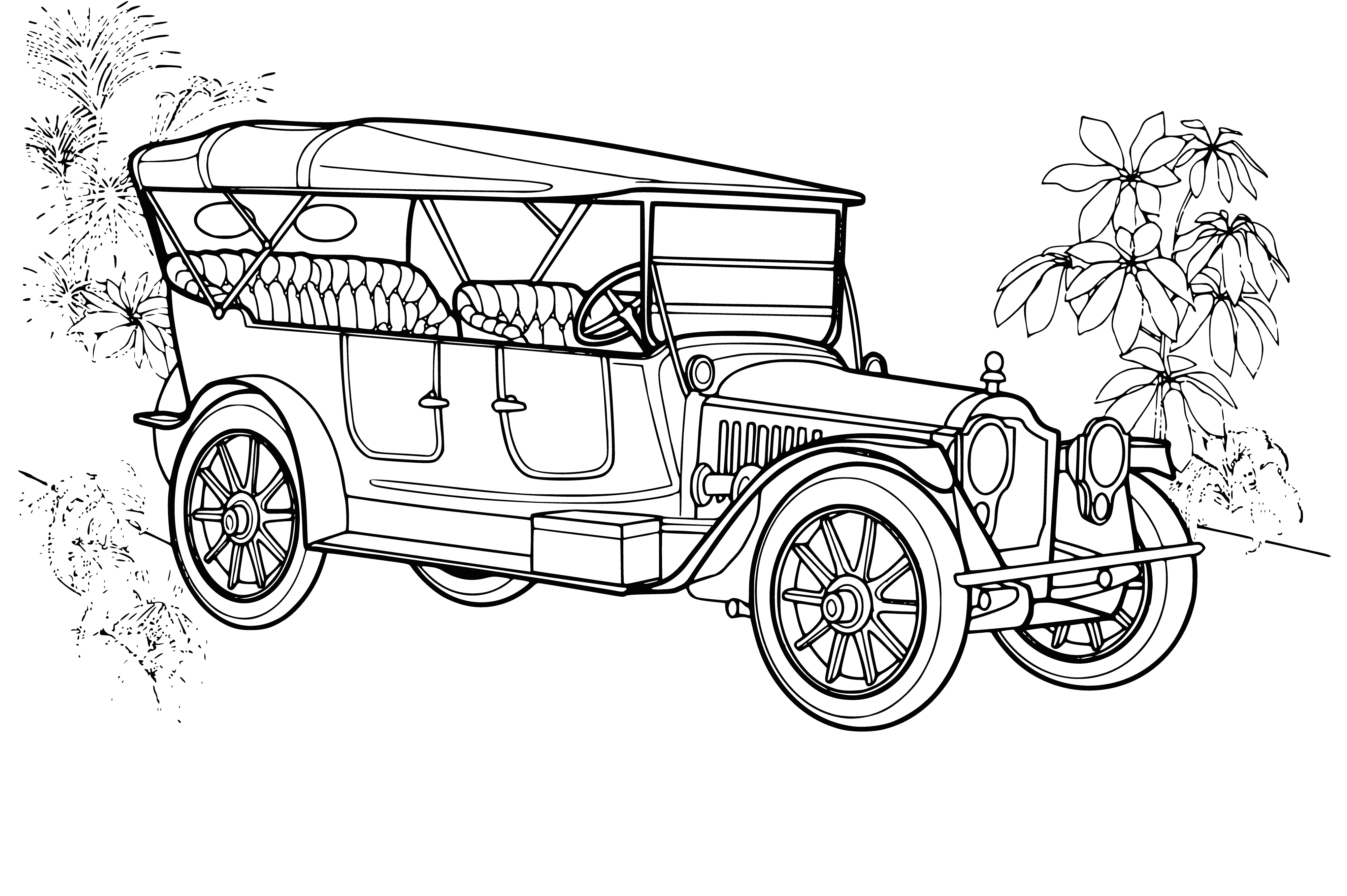 coloring page: Packard Twin Six, early 1900s black car w/ 2 rows of seats, long bonnet, white tires & 2 headlights.
