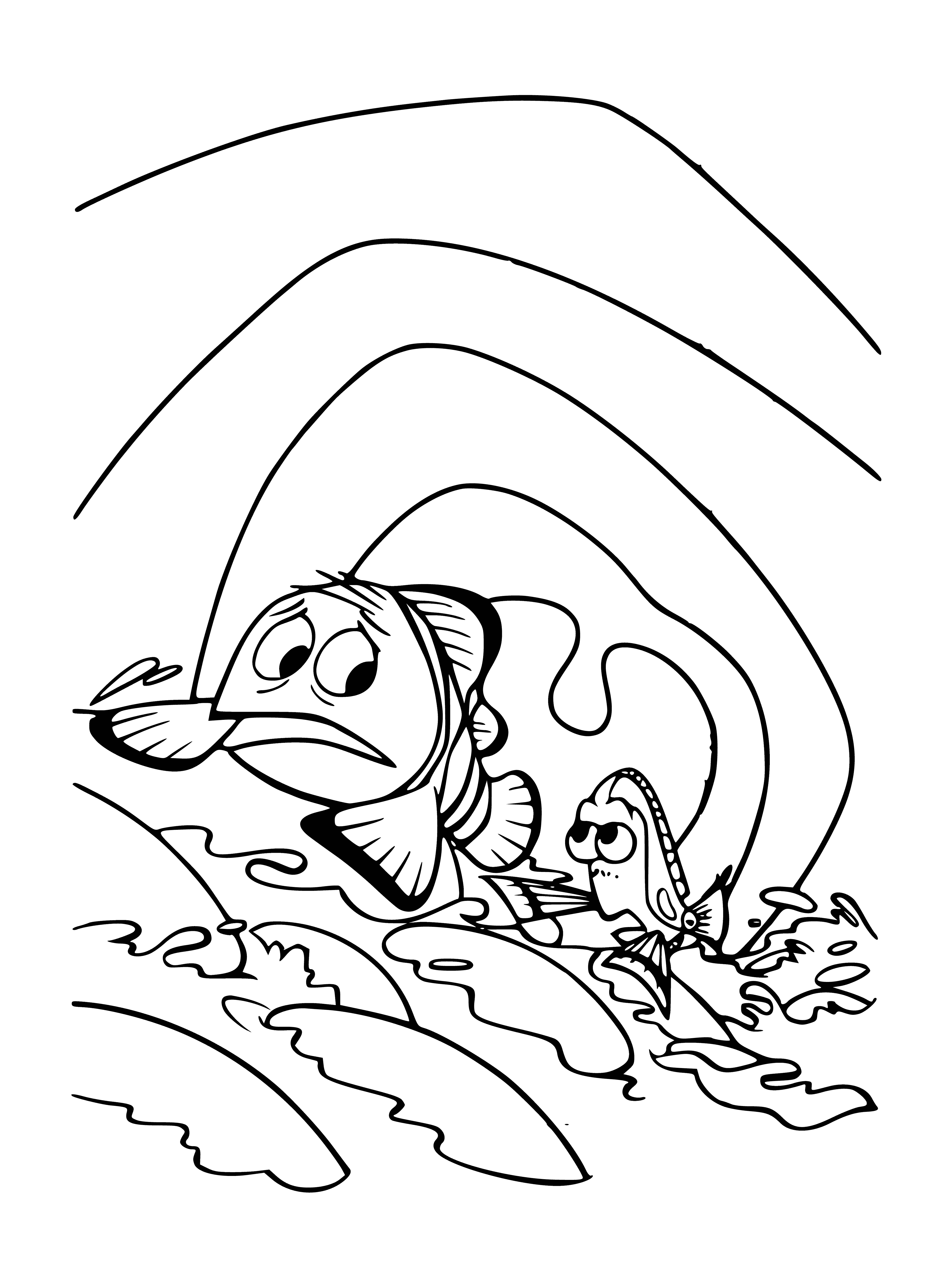 coloring page: Nemo has swum inside the vast whale's mouth and is now lost, looking around the eerie shadows the light casts.