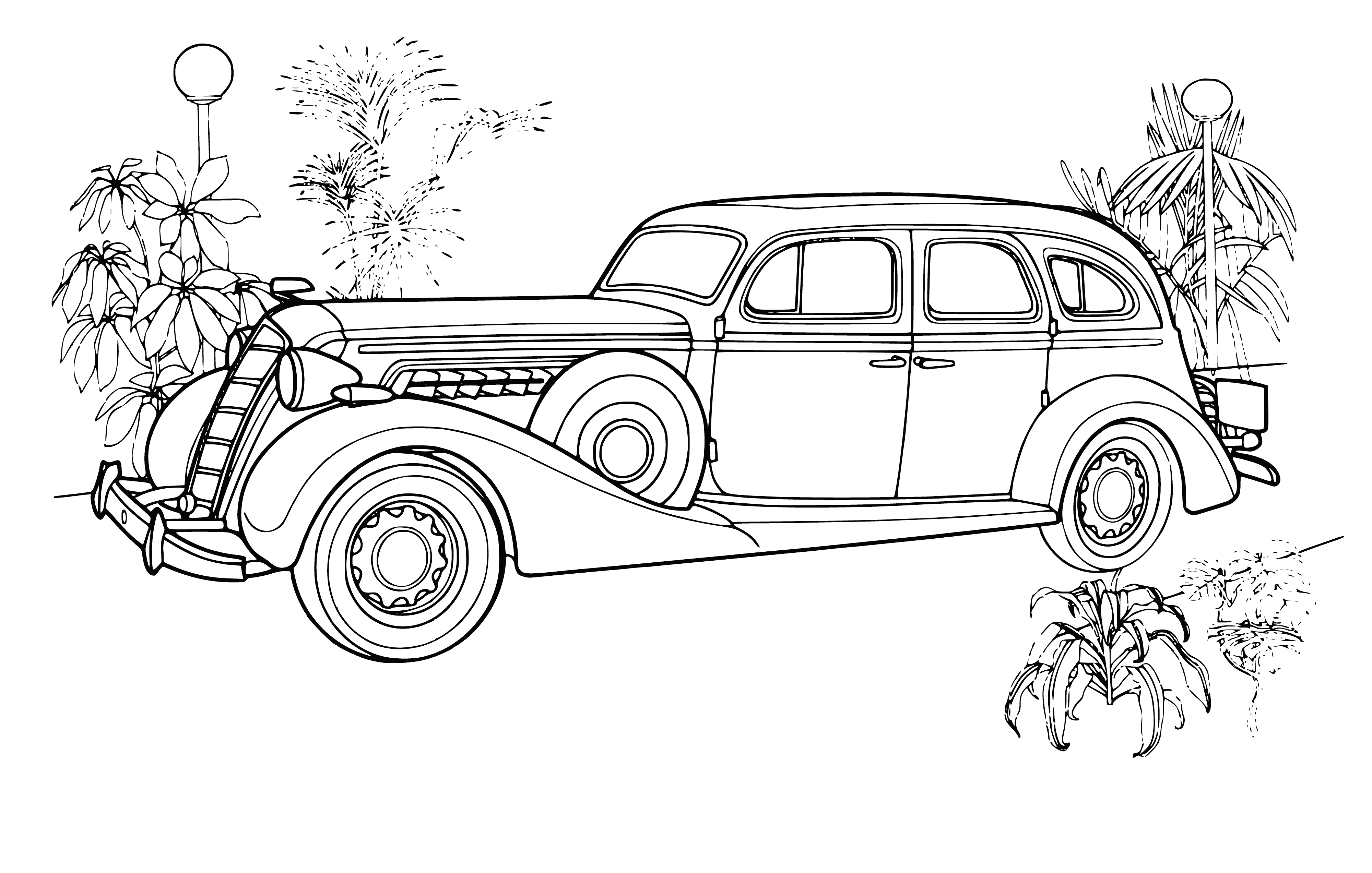 coloring page: Coloring page of 2 classic cars- ZIS-101, one in foreground w/headlights on, other in background w/driver in seat. Hoods both open.