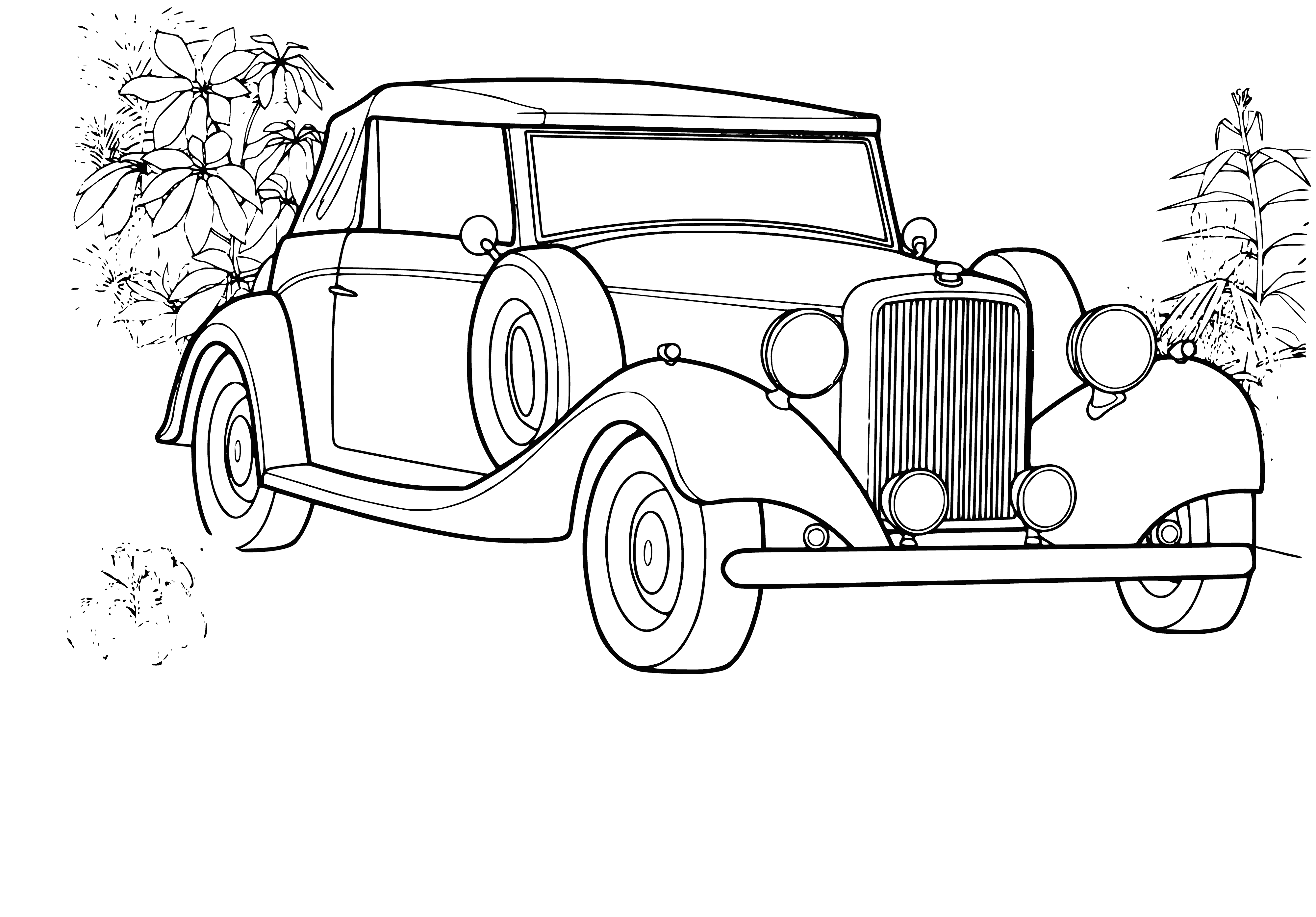 coloring page: Classic Rolls-Royce Royal convertible: V8, four-speed auto, power steering/windows, CD player and navigation system. Sleek red exterior and black interior.