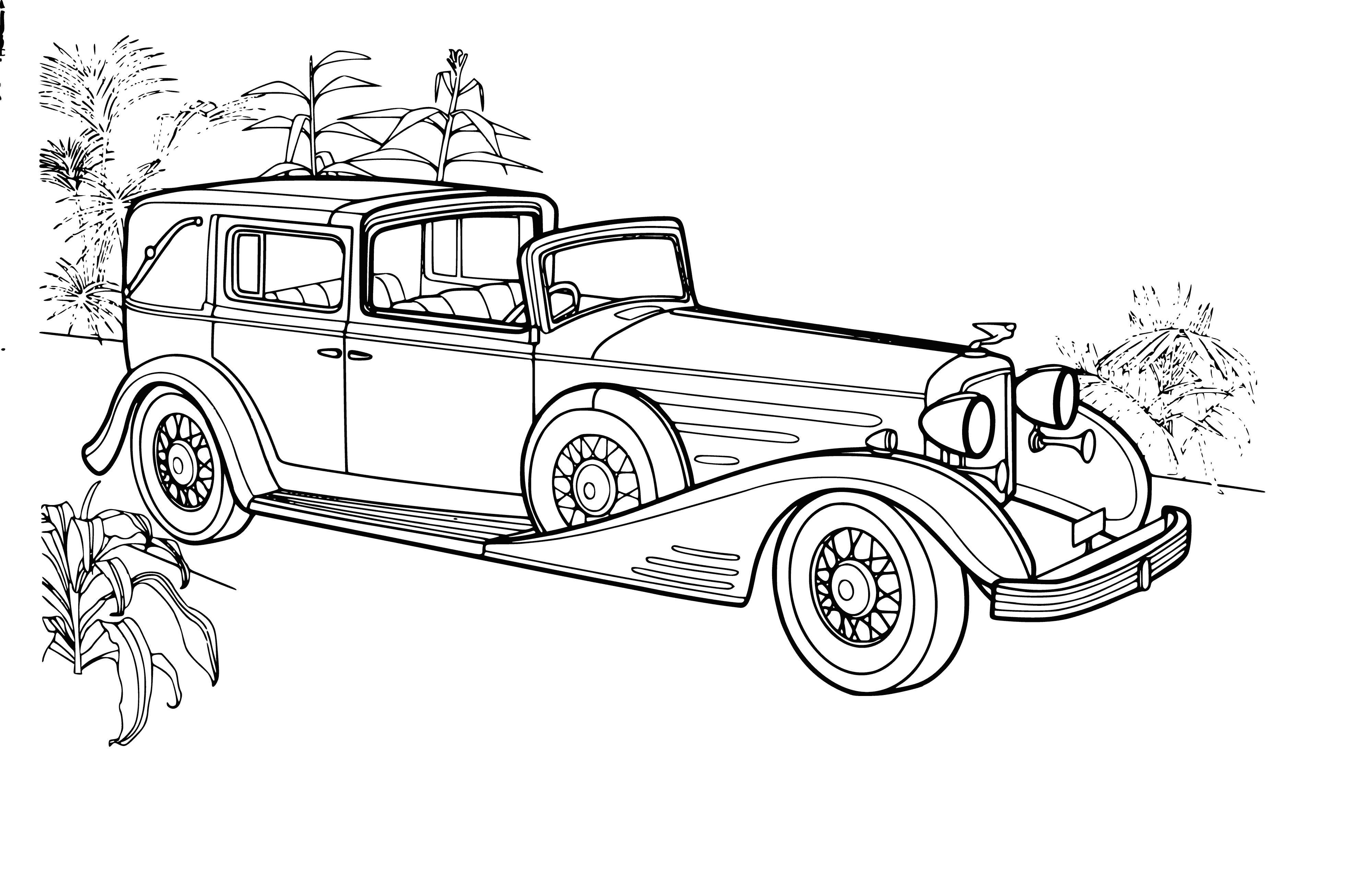 coloring page: Vintage Cadillac Town Car: Sleek, shining, long curved body w/large grille and headlamps, smooth hood, two doors — perfect for luxury and style.