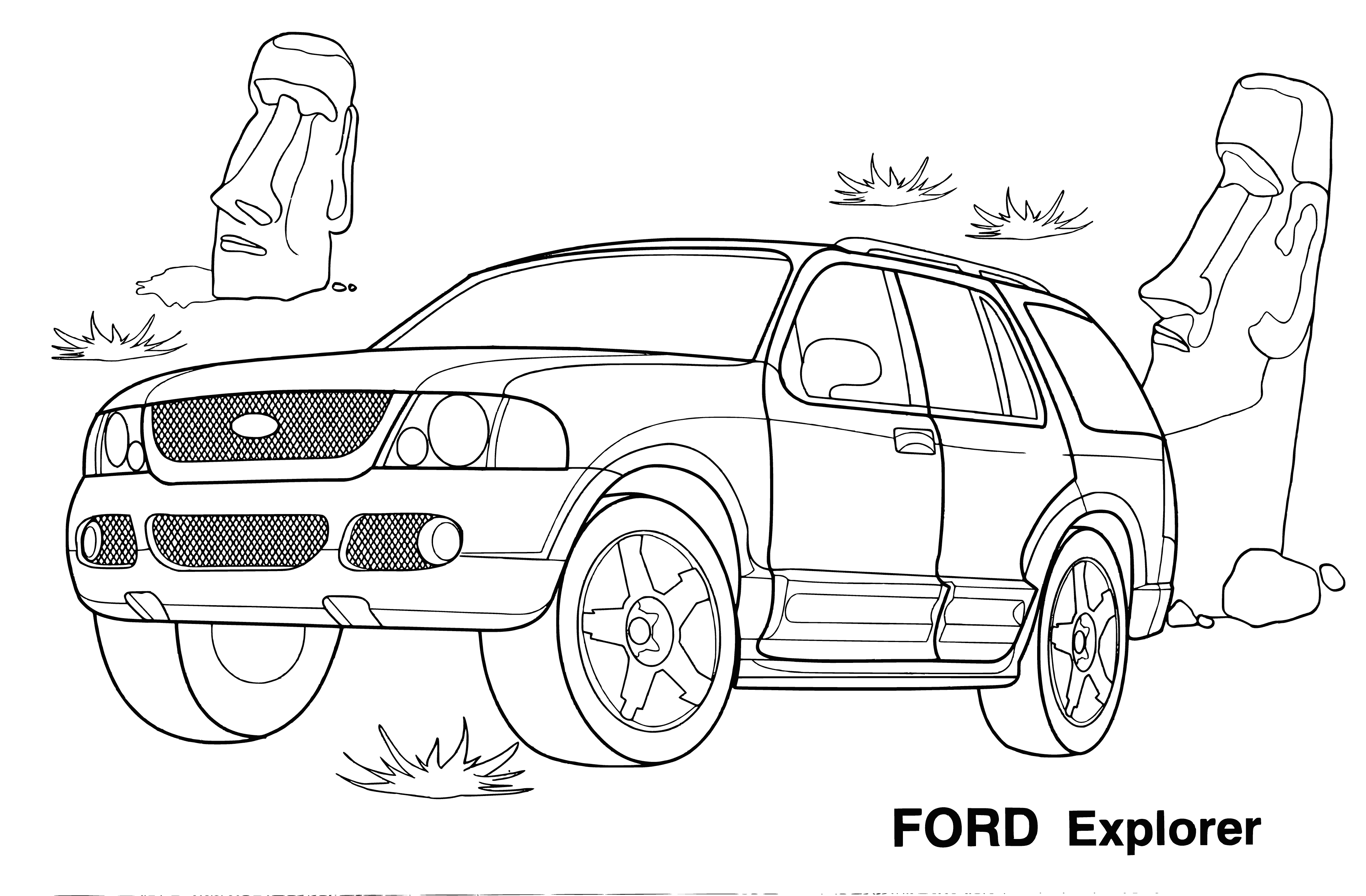 coloring page: Ford w/ long body & sloped front. Wide grille, vertical slats, integrated headlights, rectangular fog lights, raised body, & beefy tires w/ black rims & step-bars.