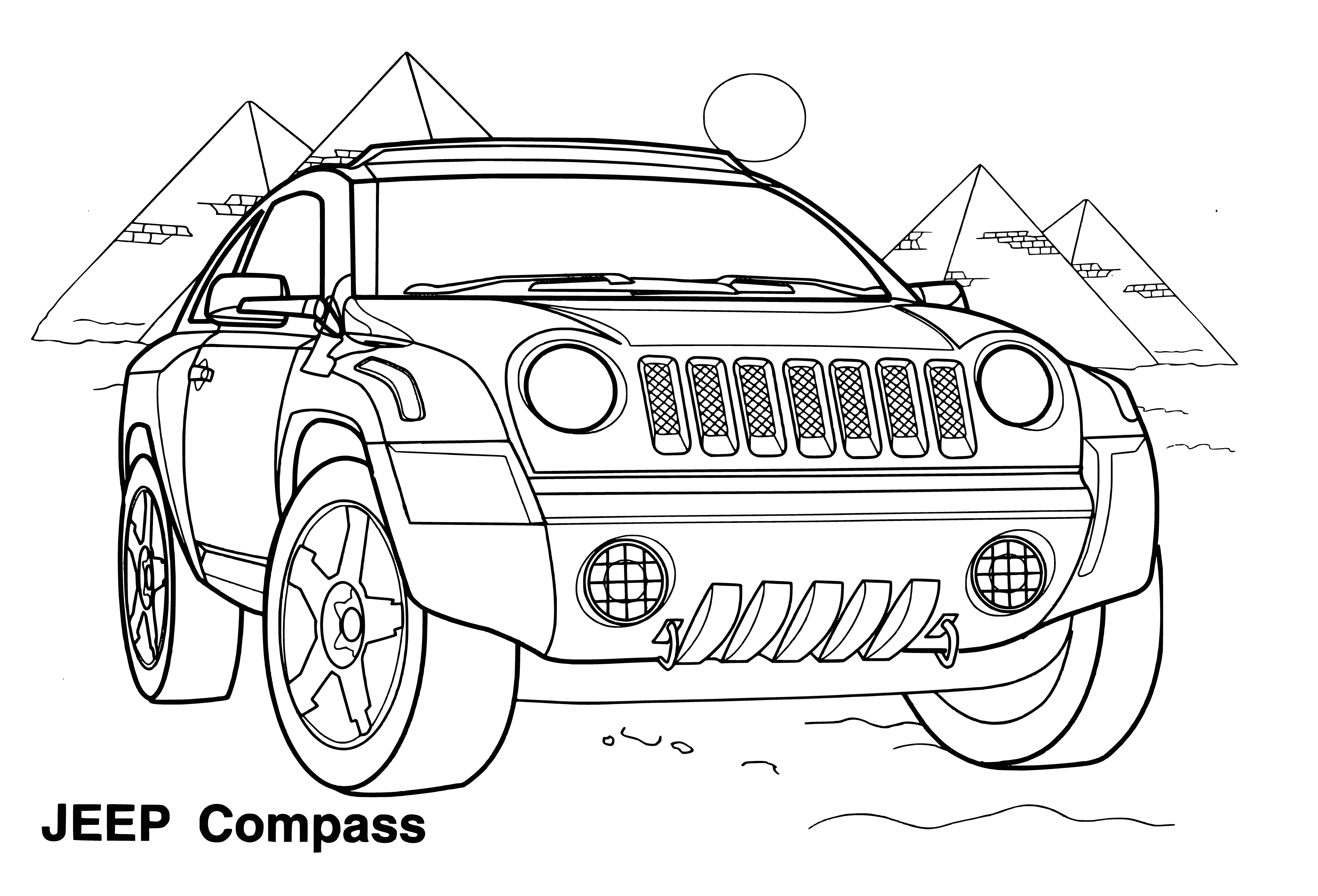 coloring page: Three jeeps: one orange, one green, and one blue, each with different hard/soft tops.