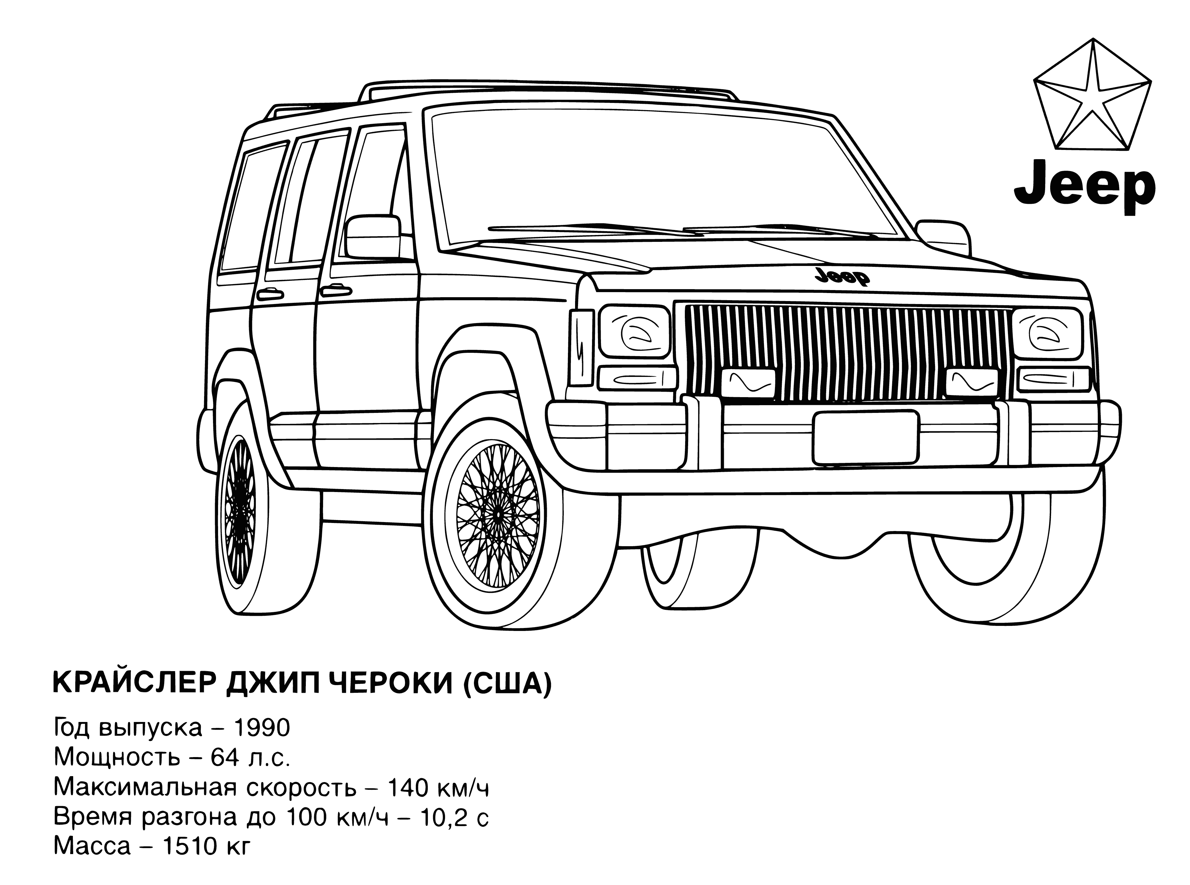 coloring page: People in multi-colored jeeps in a parking lot - all same model - perfect coloring page! #coloringbook