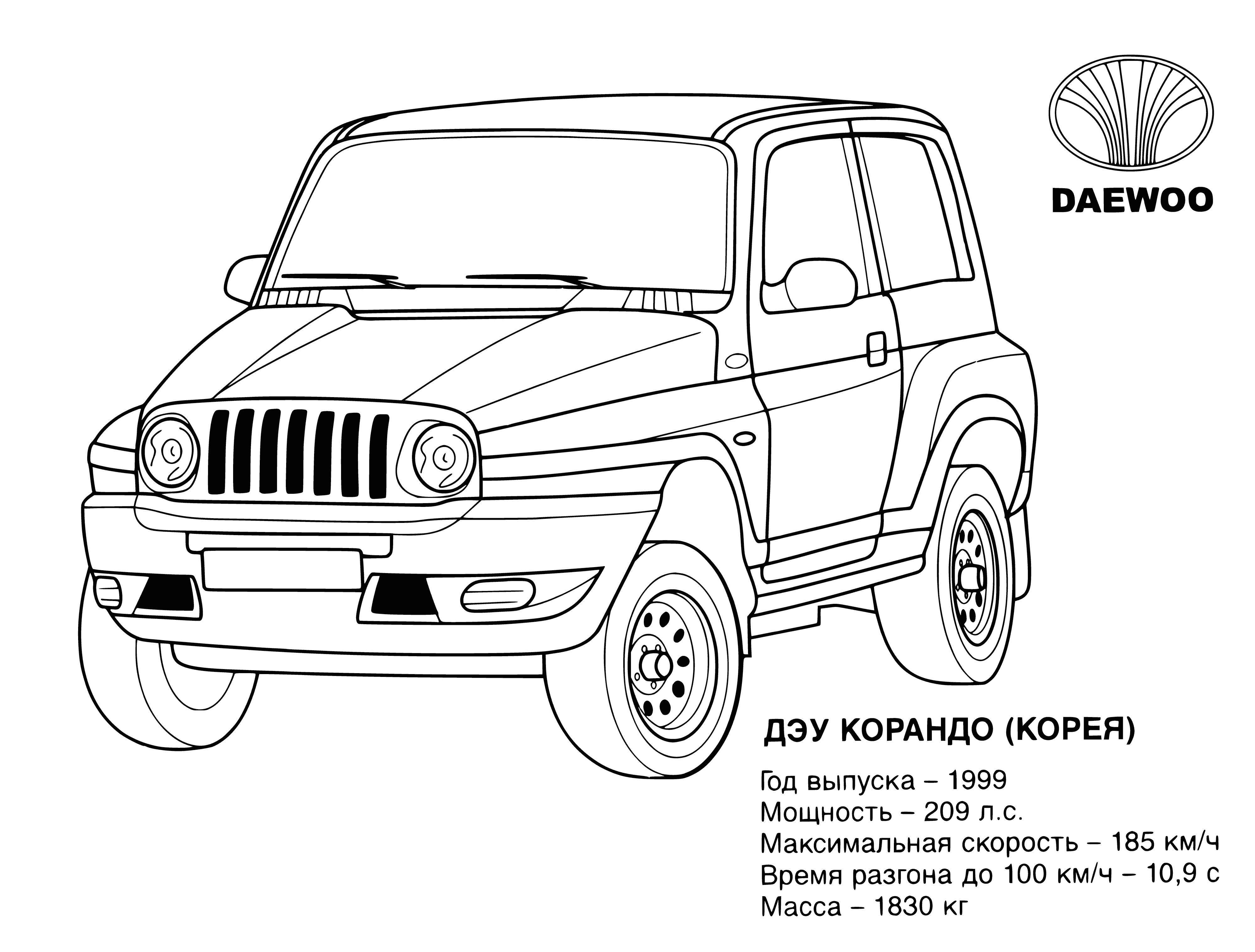 coloring page: Four jeeps of different colors parked in a row, doors open, people smiling - a happy coloring page scene! #coloring #jeeps