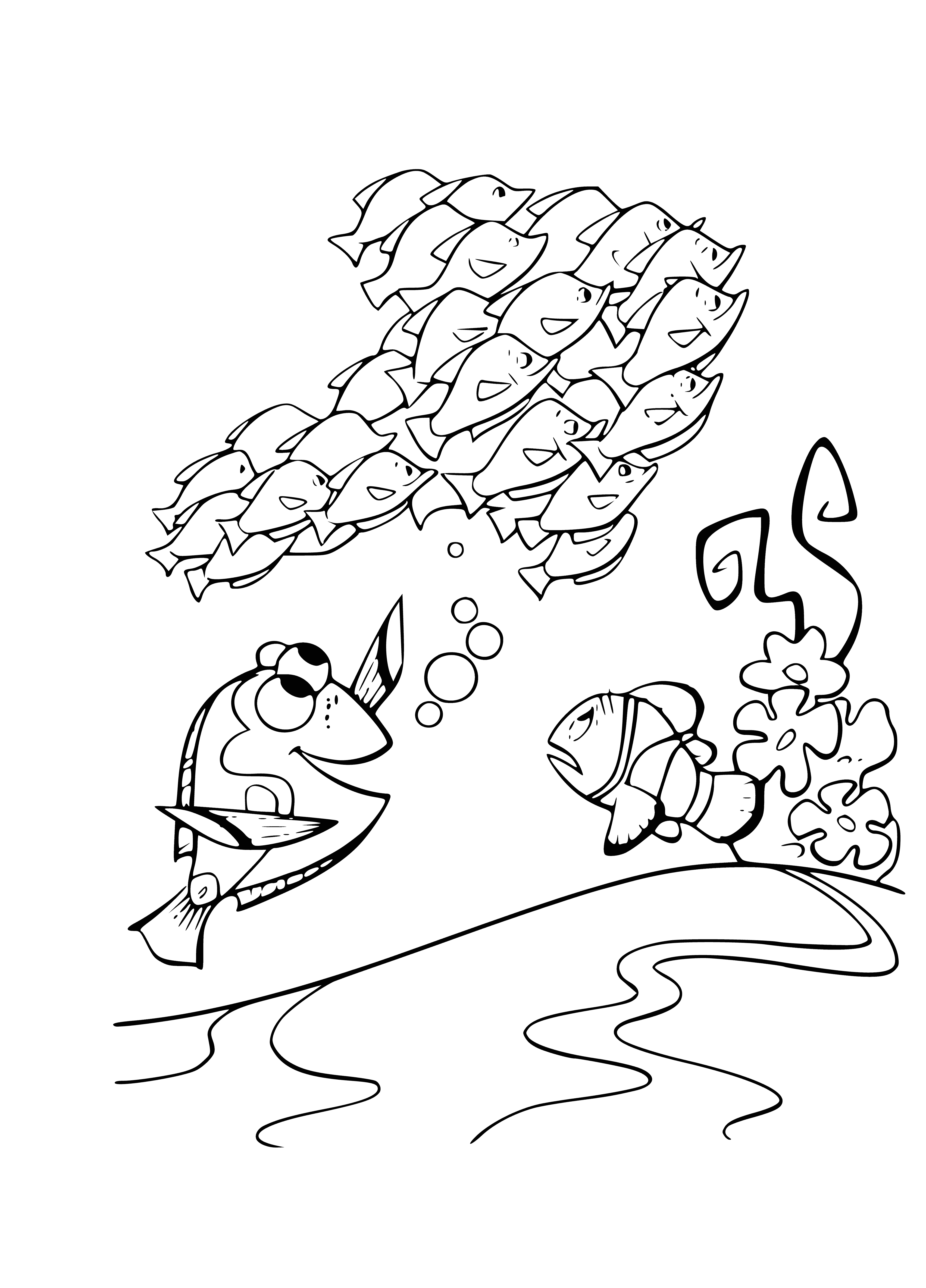 coloring page: Clownfish with orange and white stripes seen in anemone; white belly and a blue & white striped fish in background.
