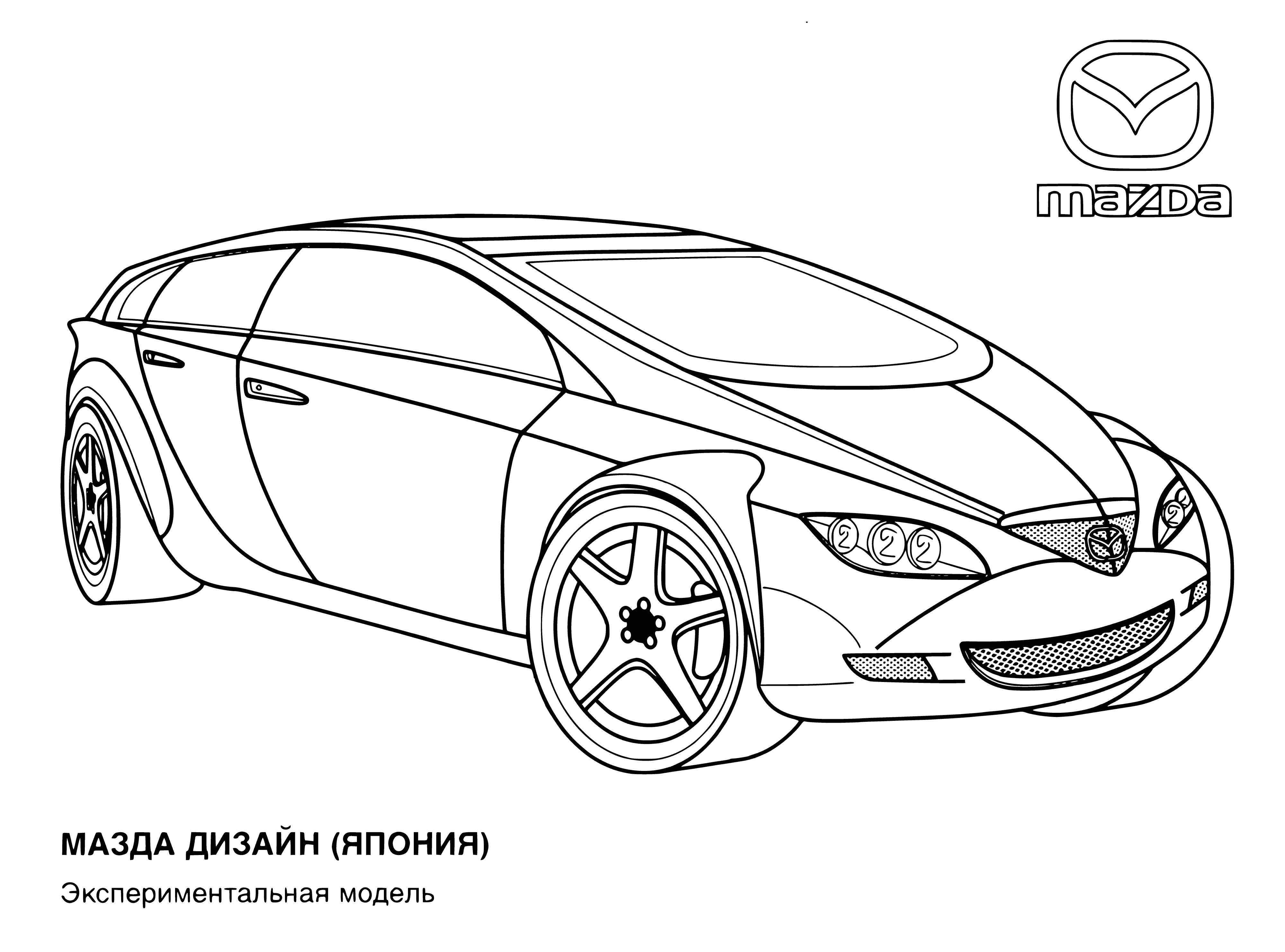 coloring page: Four cars in a coloring page - white, silver, silver and blue - with a Mazda logo.
