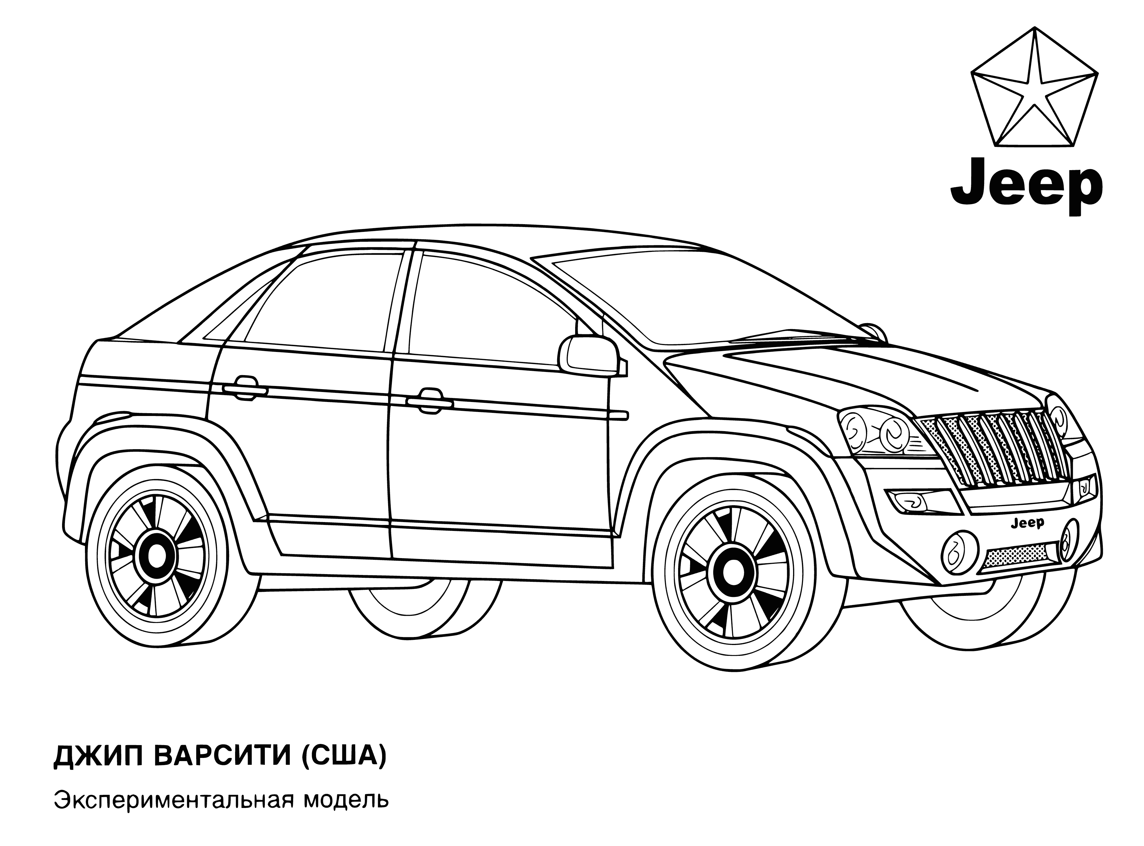 coloring page: New Jeep Varsity 4-door car seats up to 5 w/ black exterior/interior, sunroof, 4WD, 3.6-liter V6 engine - just released in USA.