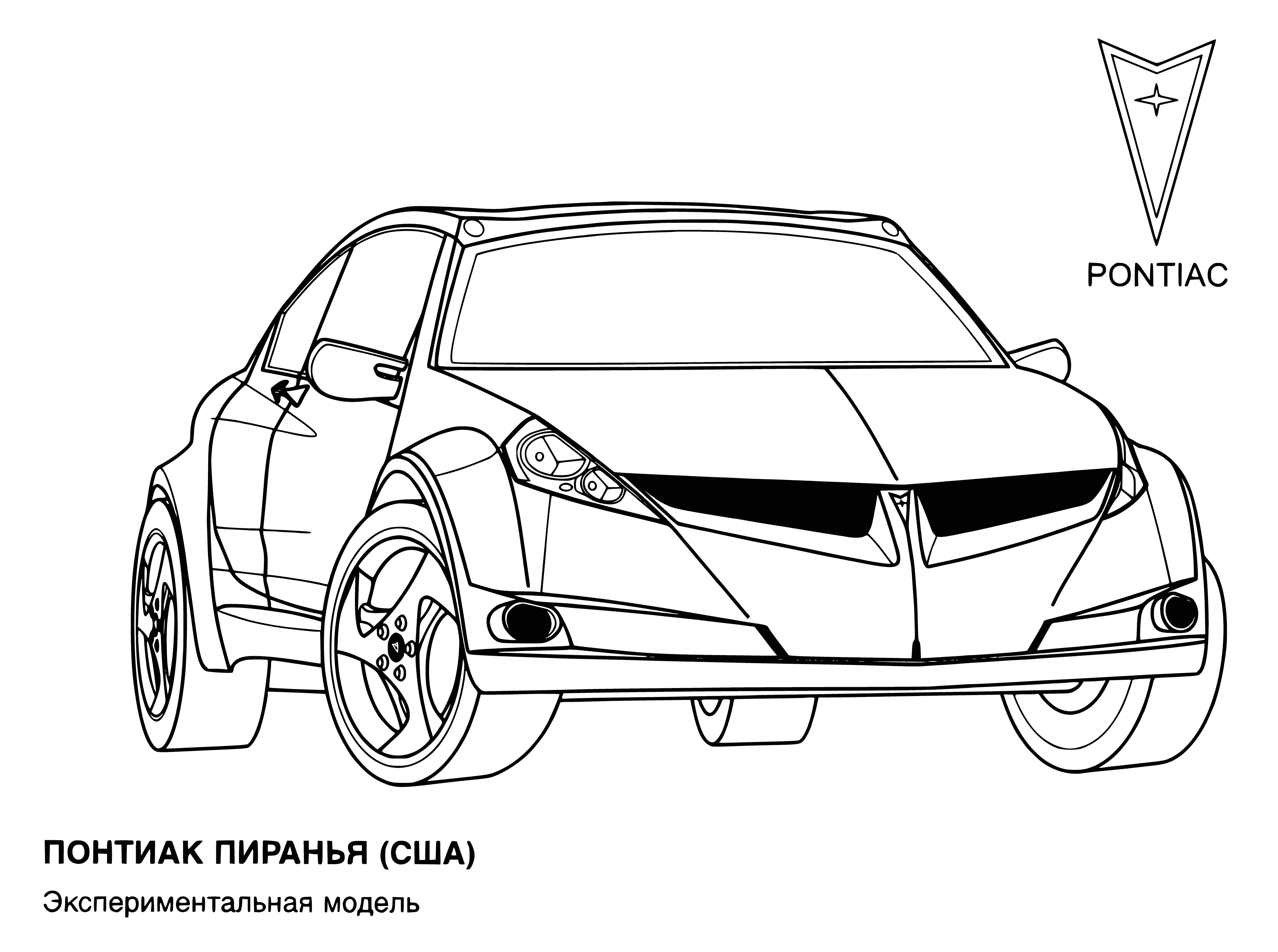 coloring page: Pontiak offers sedans, SUVs, and coupes in the USA, like the G6 midsize sedan and Torrent small SUV, both with heated seats, satellite radio and sunroofs.