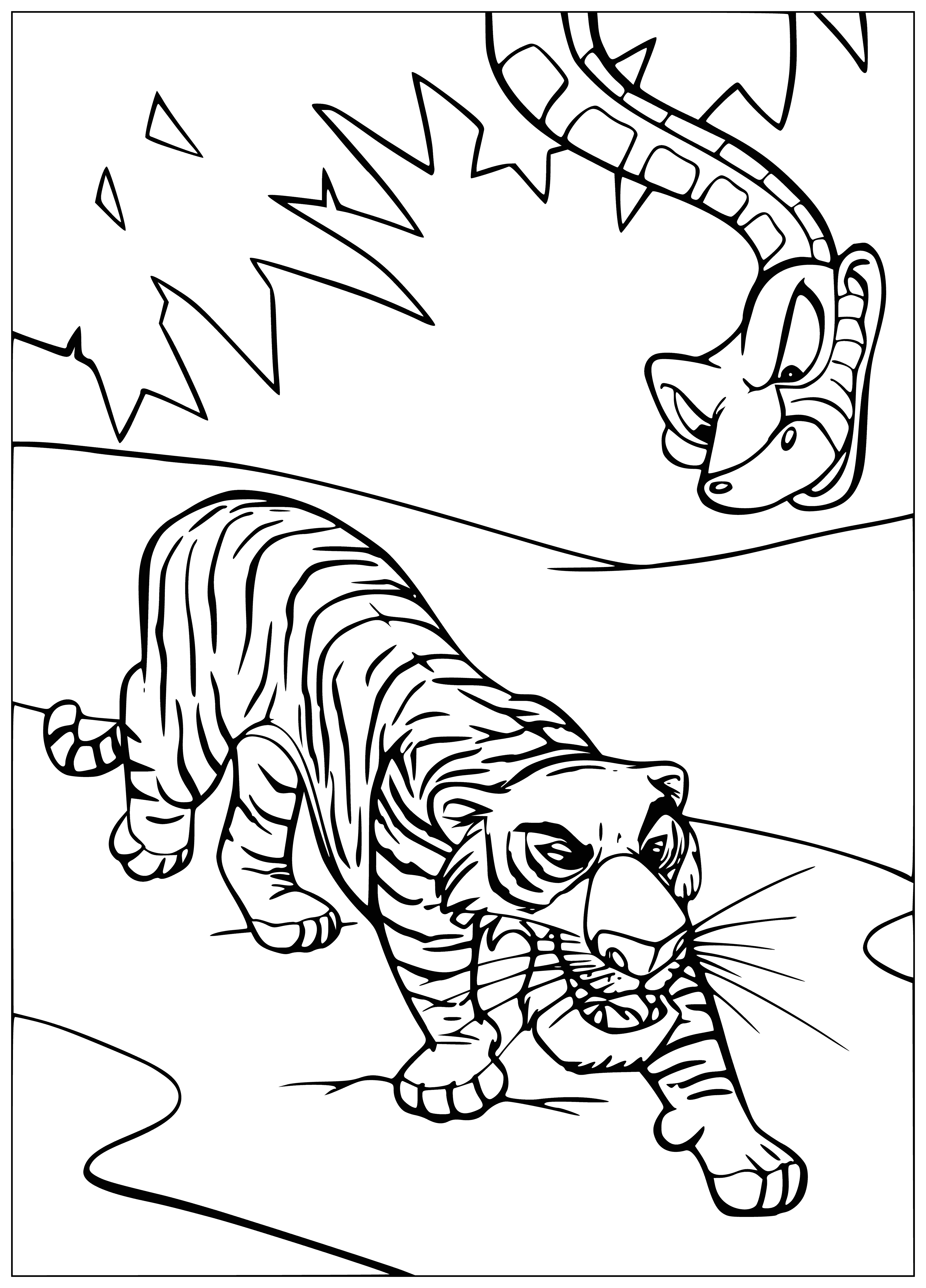 coloring page: Sher Khan and Kaa face off in the jungle, teeth and tongue bared in a fierce stare down.
