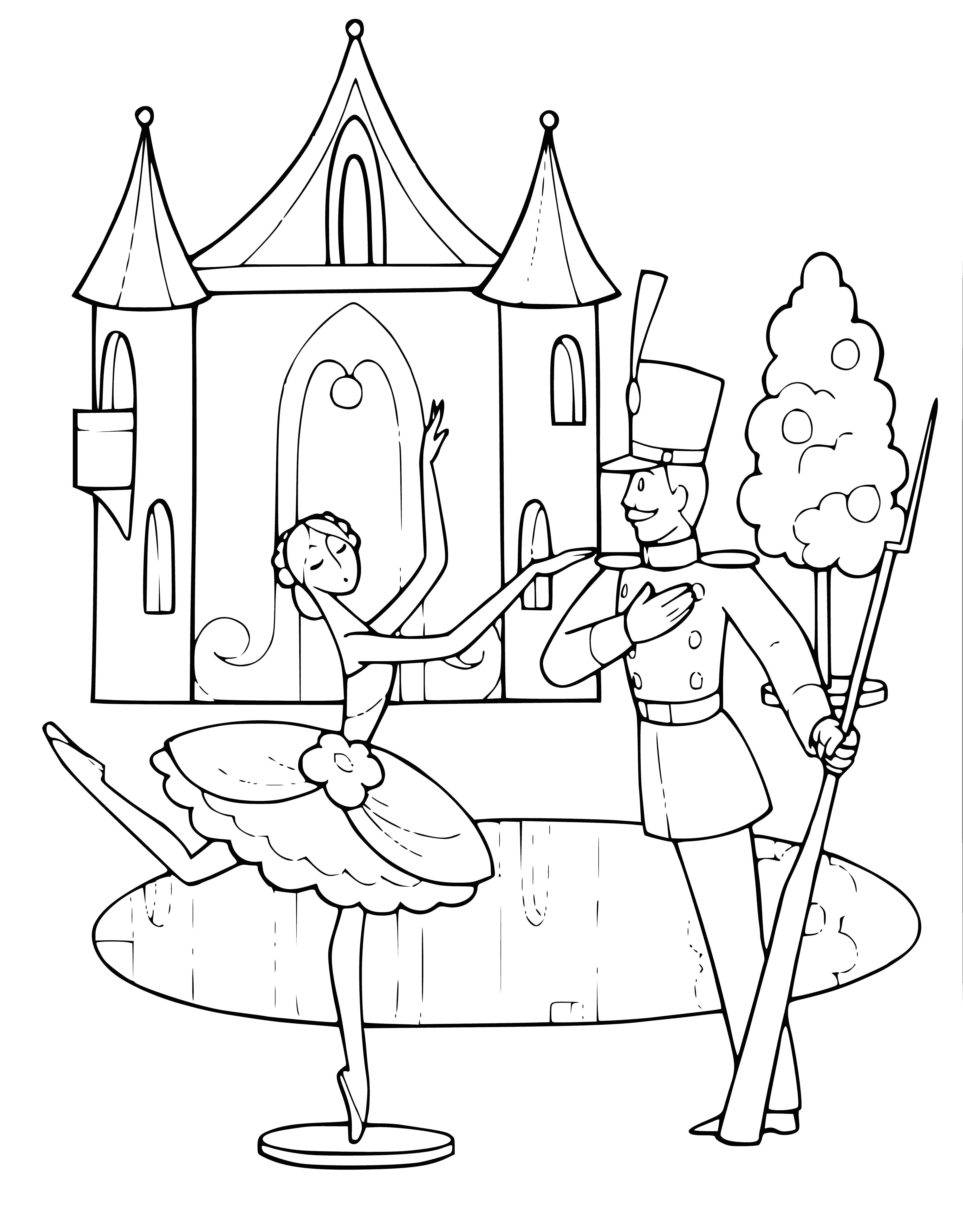 coloring page: Man in military uniform w/ straw hat, blue scarf, & yellow flower. Dancer w/ white scarf & black hat with woman in white dress playing violin in bg.