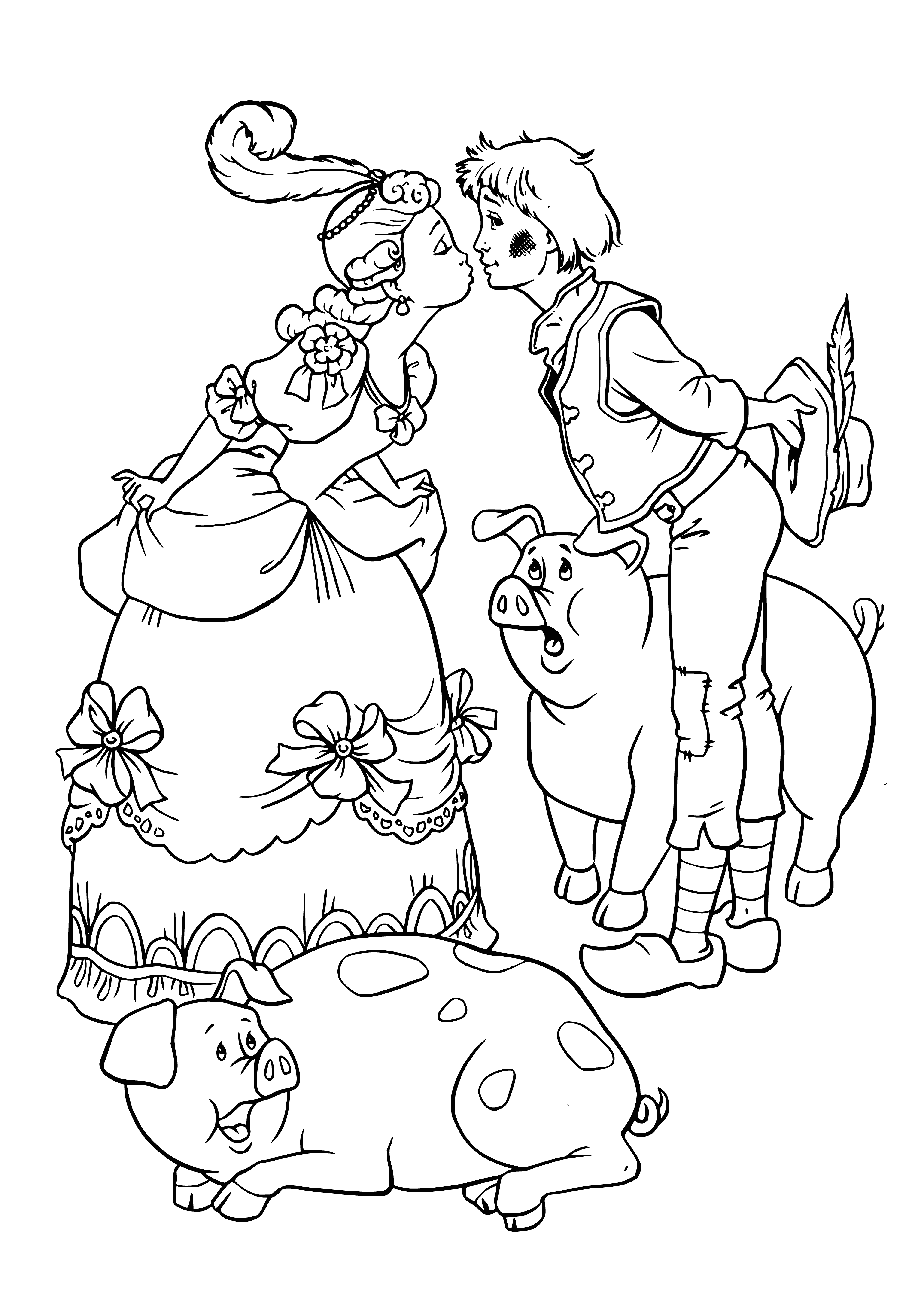 coloring page: Beautiful princess on a white horse & adoring swineherd in a castle backdrop. She wears a flowing pink dress & gold crown. #Fairytale