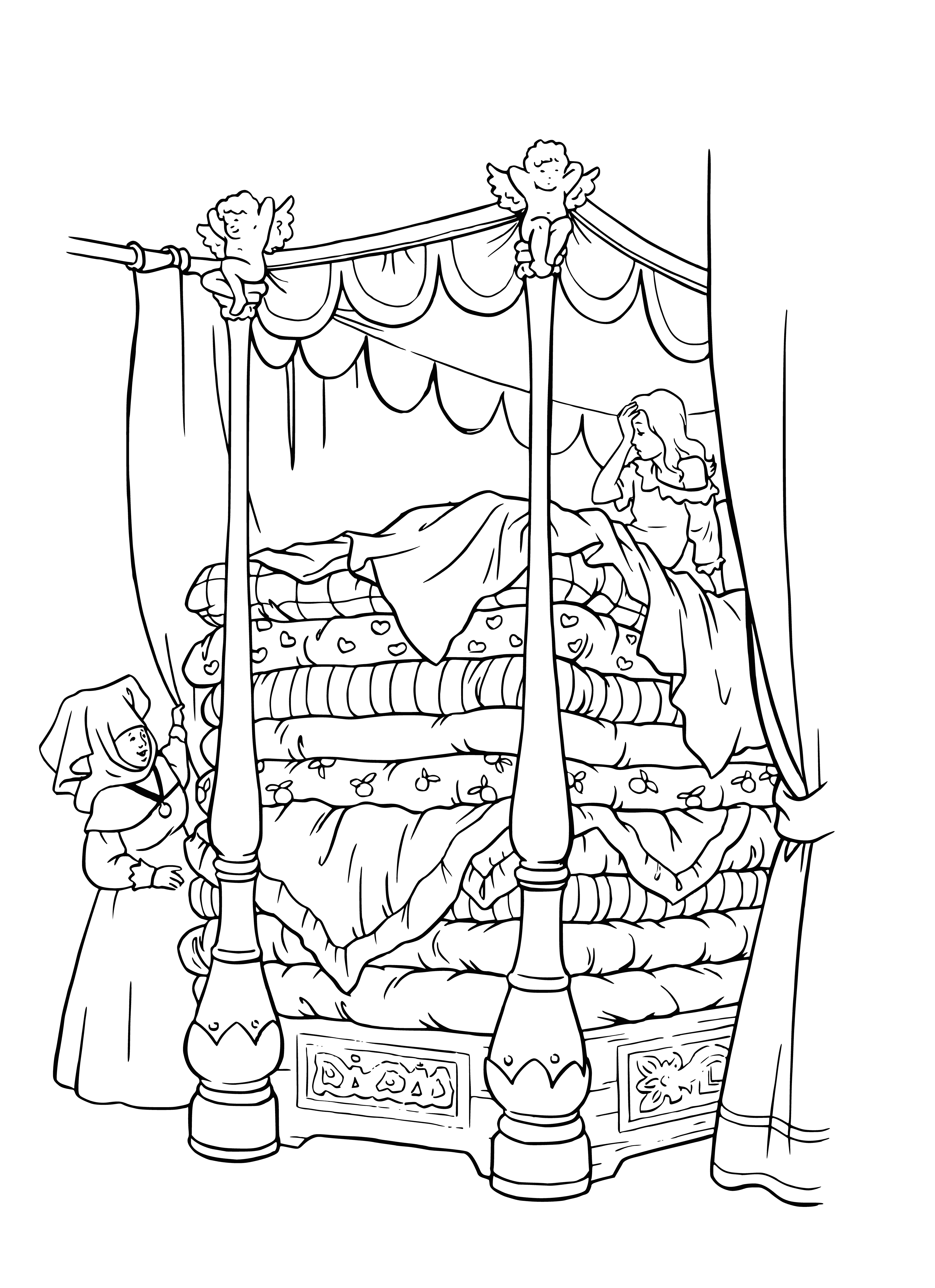coloring page: Princess stands atop a feathery mountain, looking sadly down at a village beneath her.