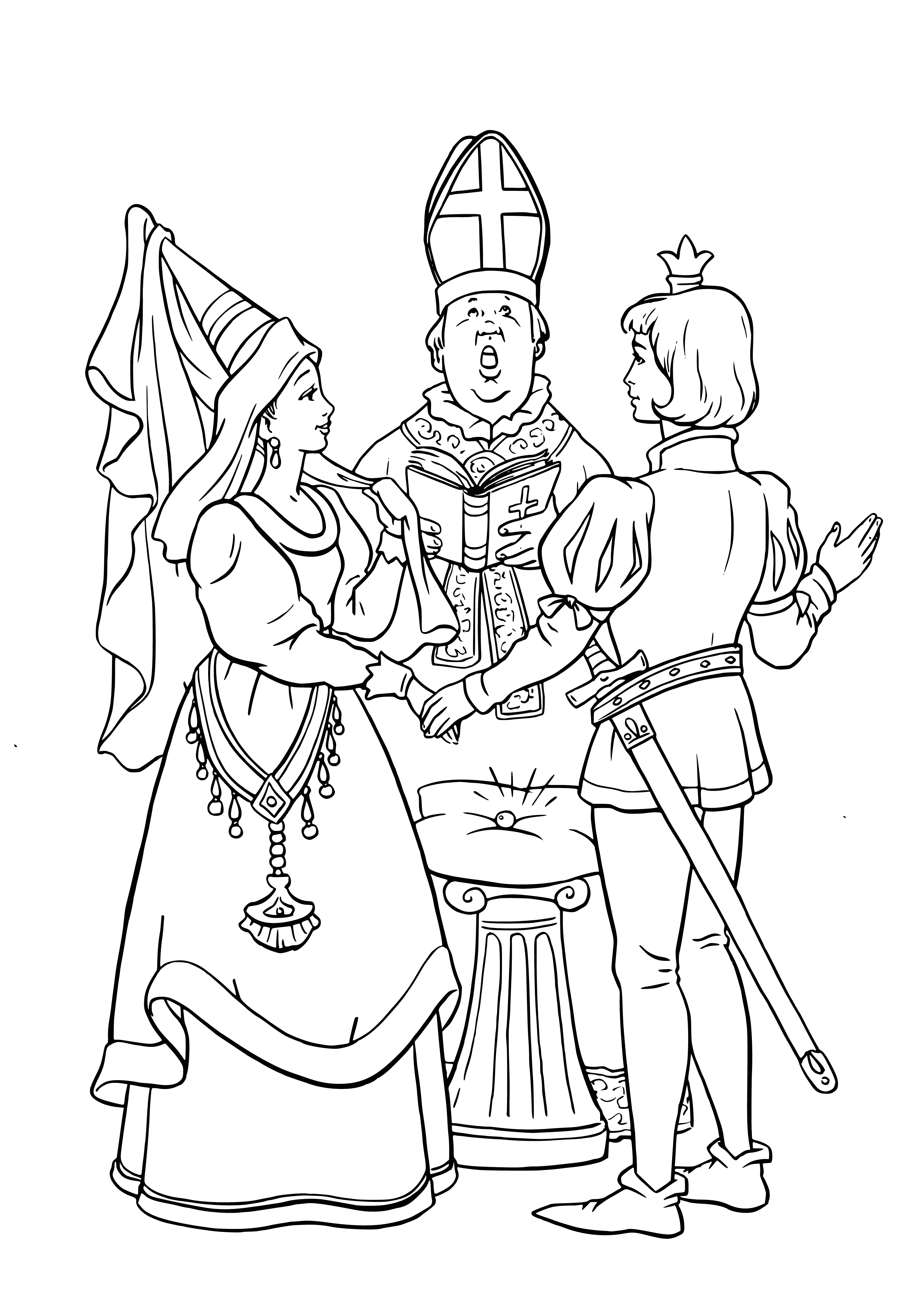 coloring page: Prince, princess marry in beautiful church. Bride in white dress and veil, groom in white suit. Crowd of people watching, all smiling. #WeddingDay