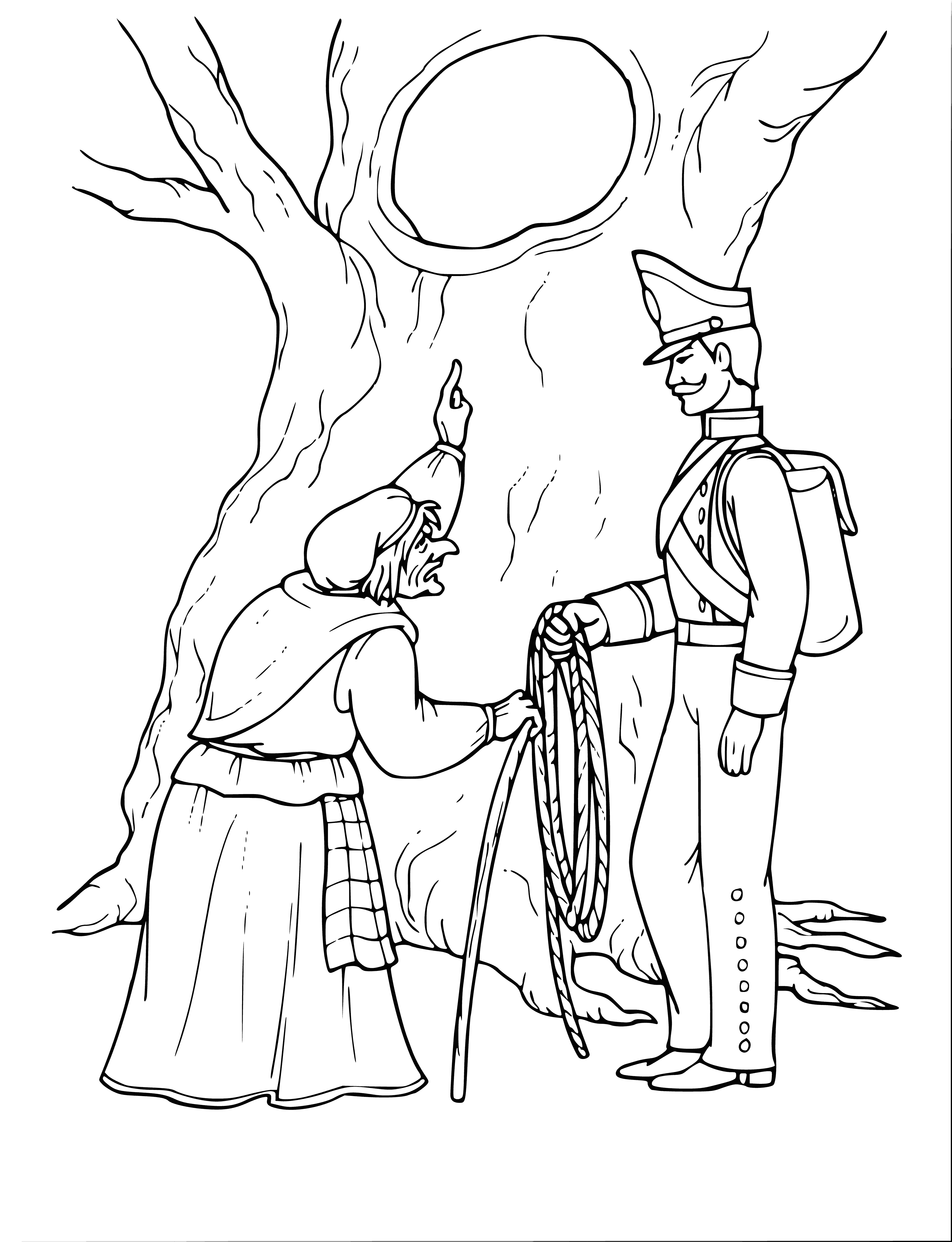 coloring page: Soldier confronts witch who has transformed his love into a wooden statue; courageously demands she change her back; but when he tries to kiss her, she turns into a thorny bush.