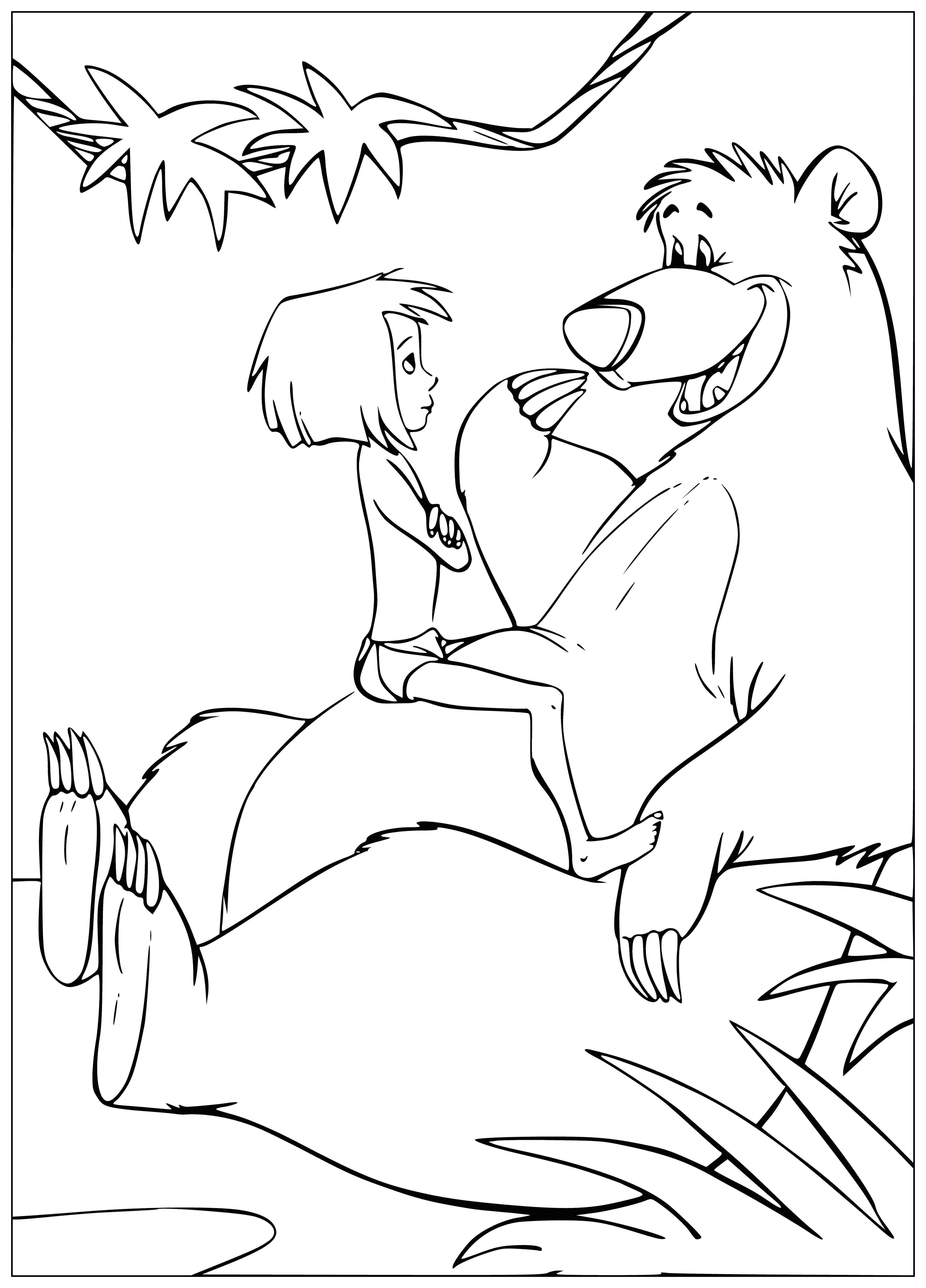 coloring page: Mowgli has fun playing with the friendly bear, Baloo.