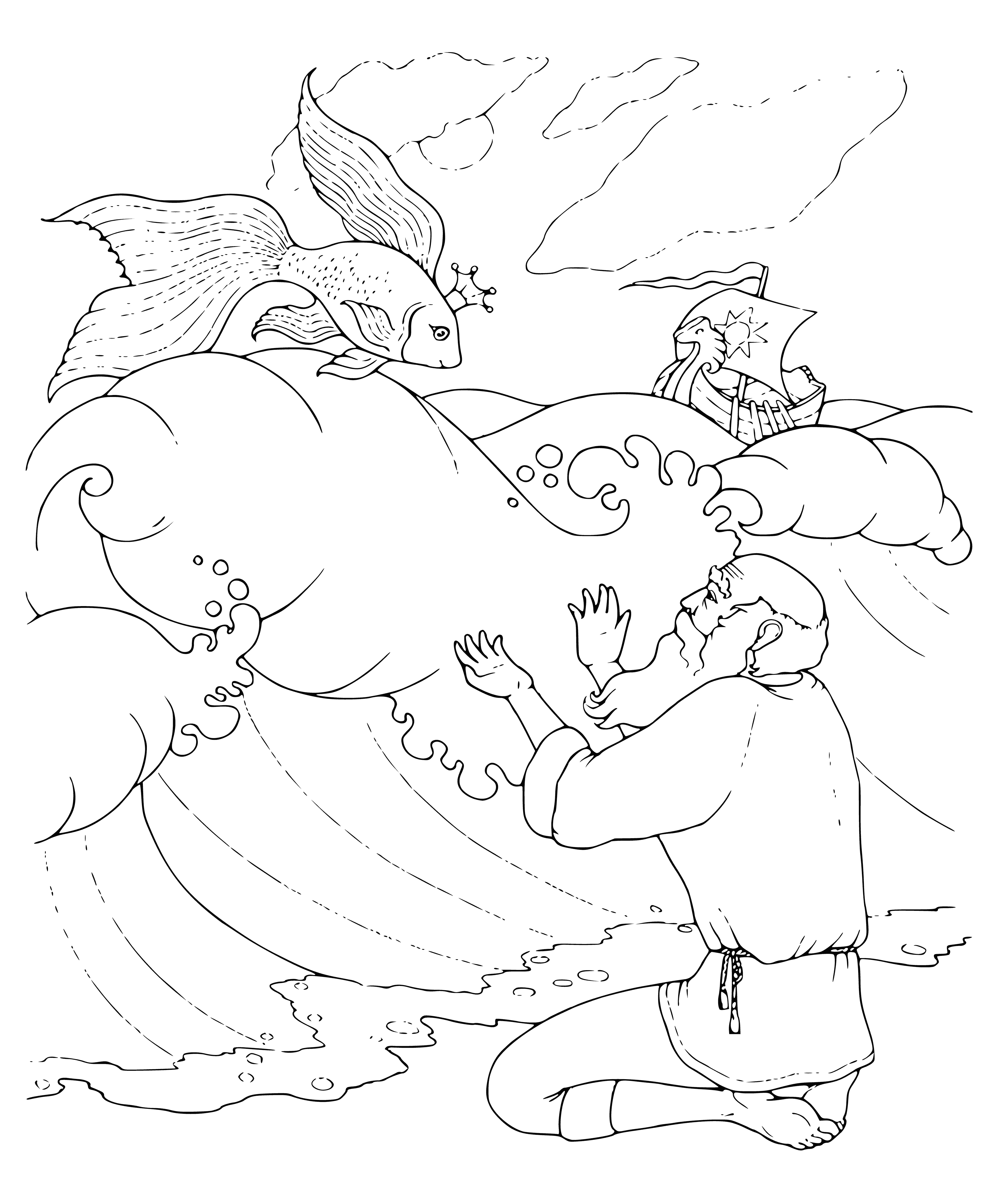 coloring page: Old man surprises as goldfish swims near him, arms & legs crossed, wearing robe & beard.