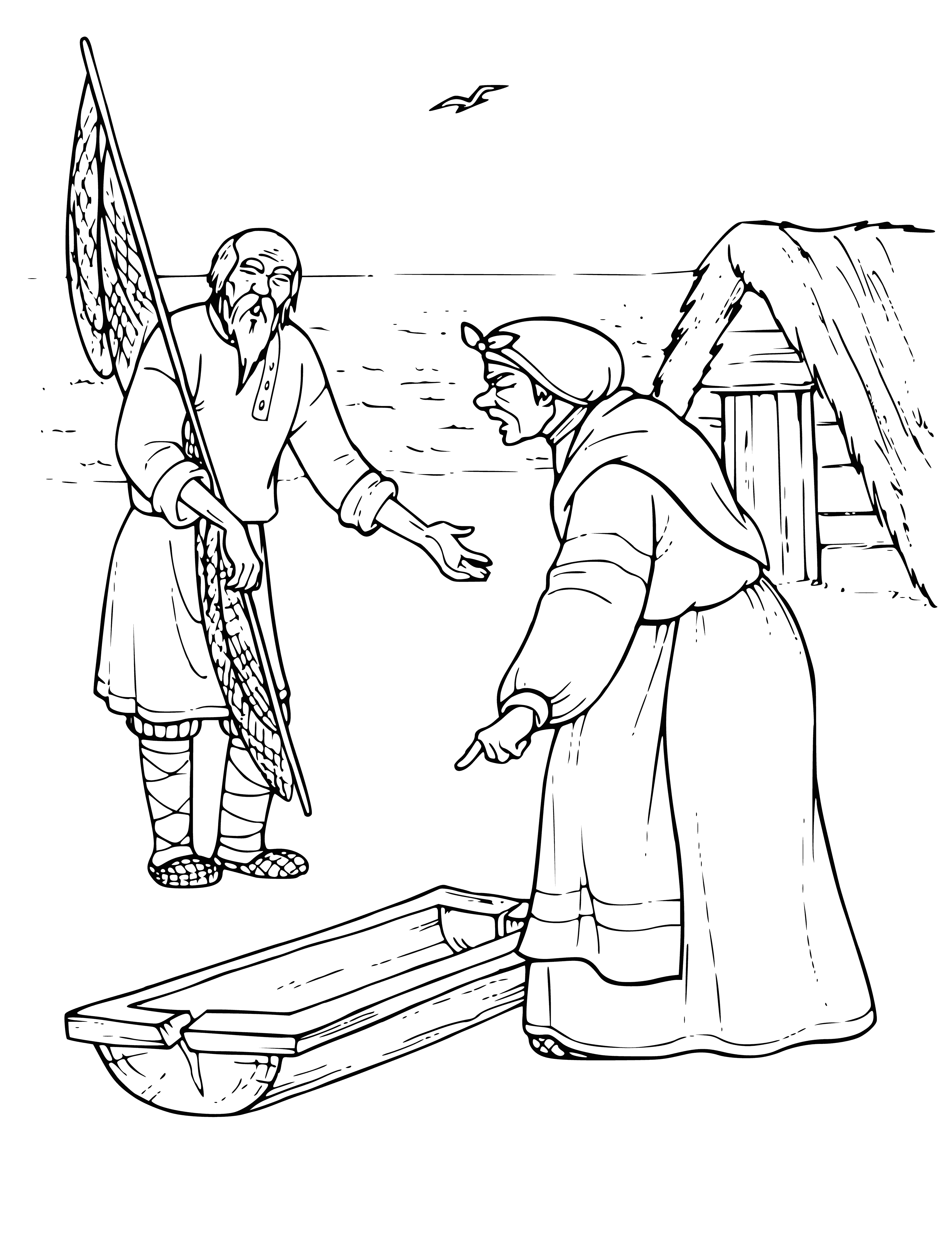 coloring page: Old woman angrily scolding young man, who cowers behind tree in fear. Her face is red.
