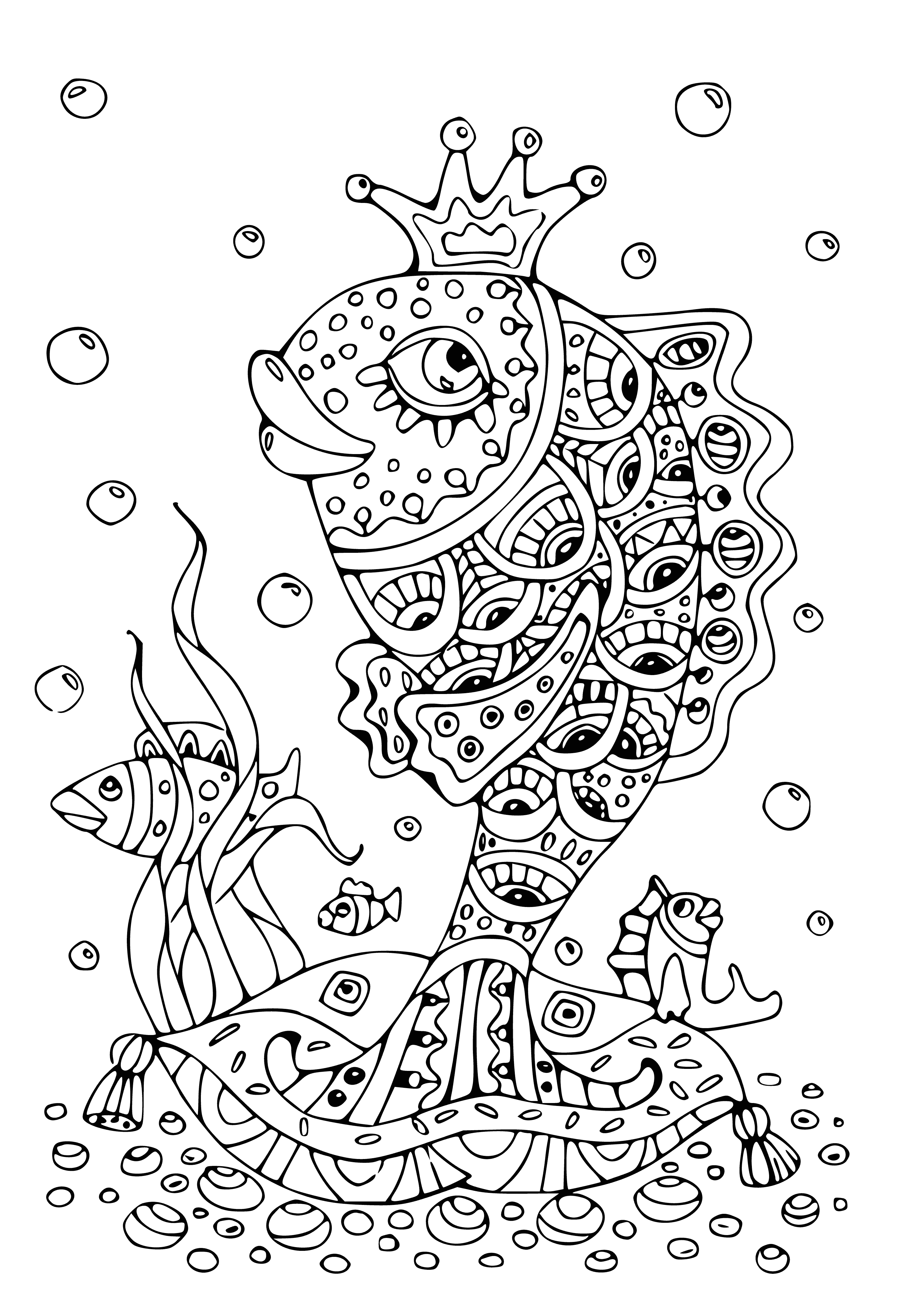 coloring page: Alexander Pushkin writing a book with a quill while a goldfish swims in a bowl nearby.