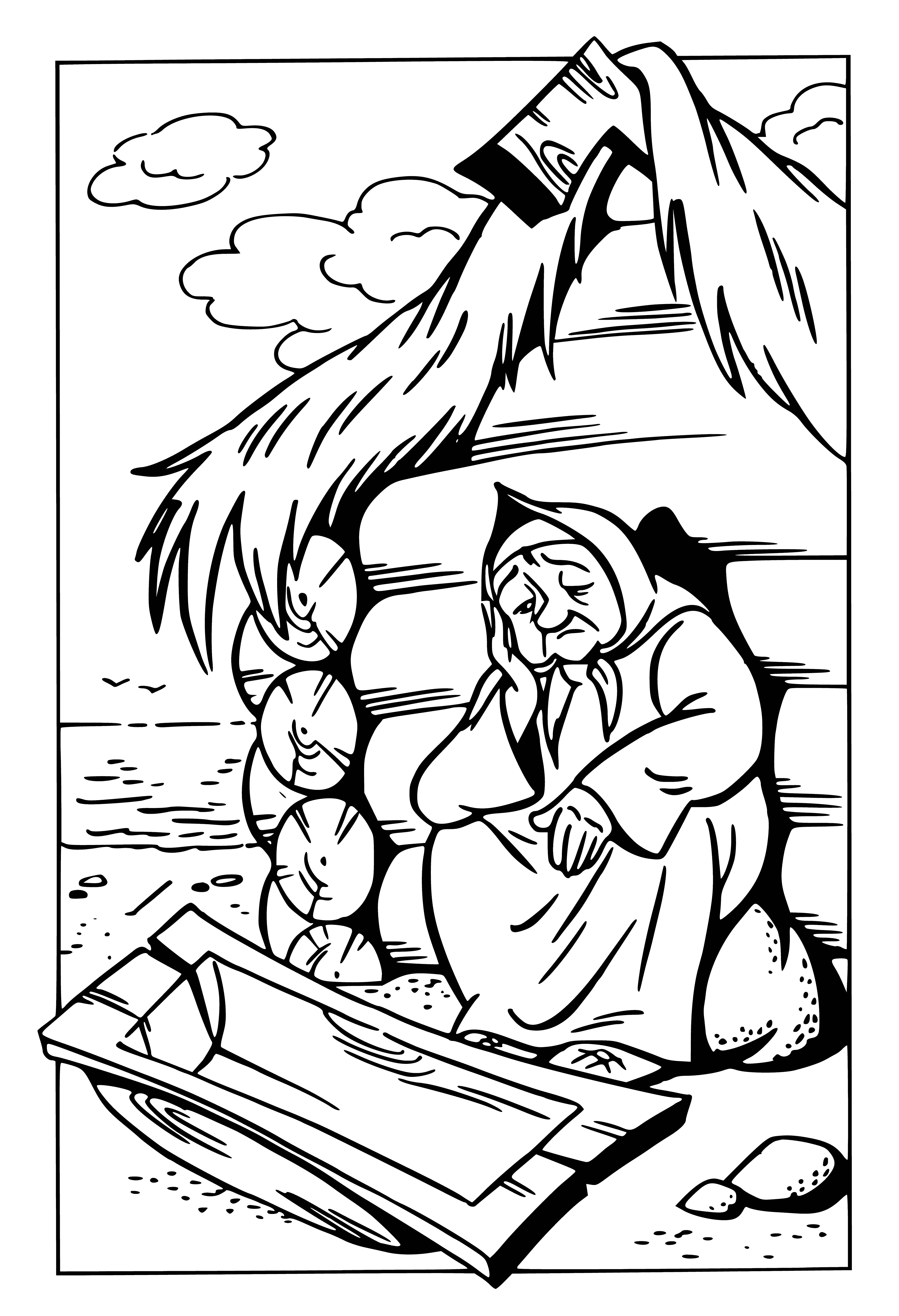 coloring page: An old woman leans on broken trough, wearing shawl & scarf. White hair, wrinkled face, looking at the ground.