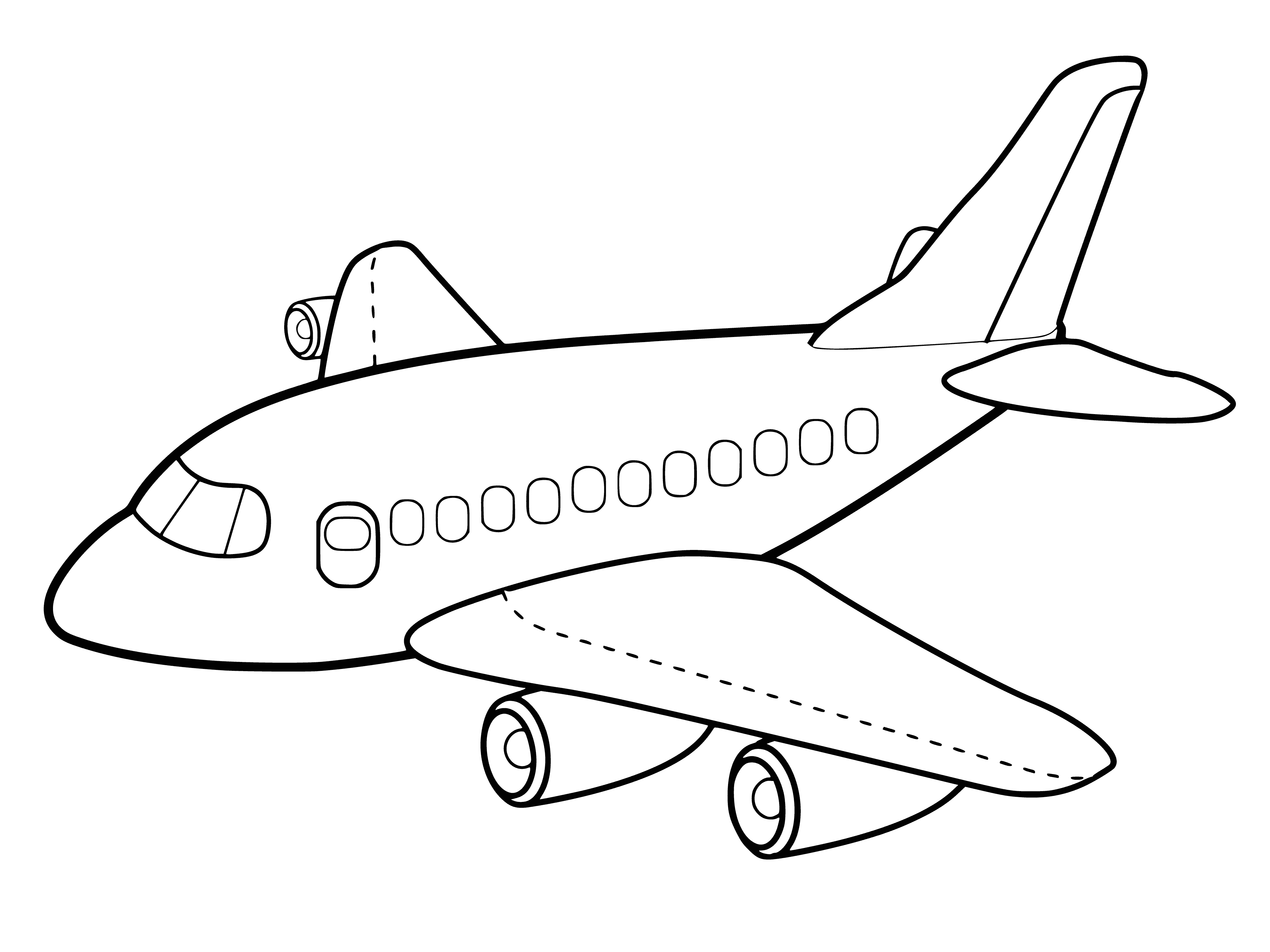coloring page: Airplane: powered flying vehicle w/ fixed wings & heavier than air, propelled by propellers/jet engines performing aerodynamic lifts.