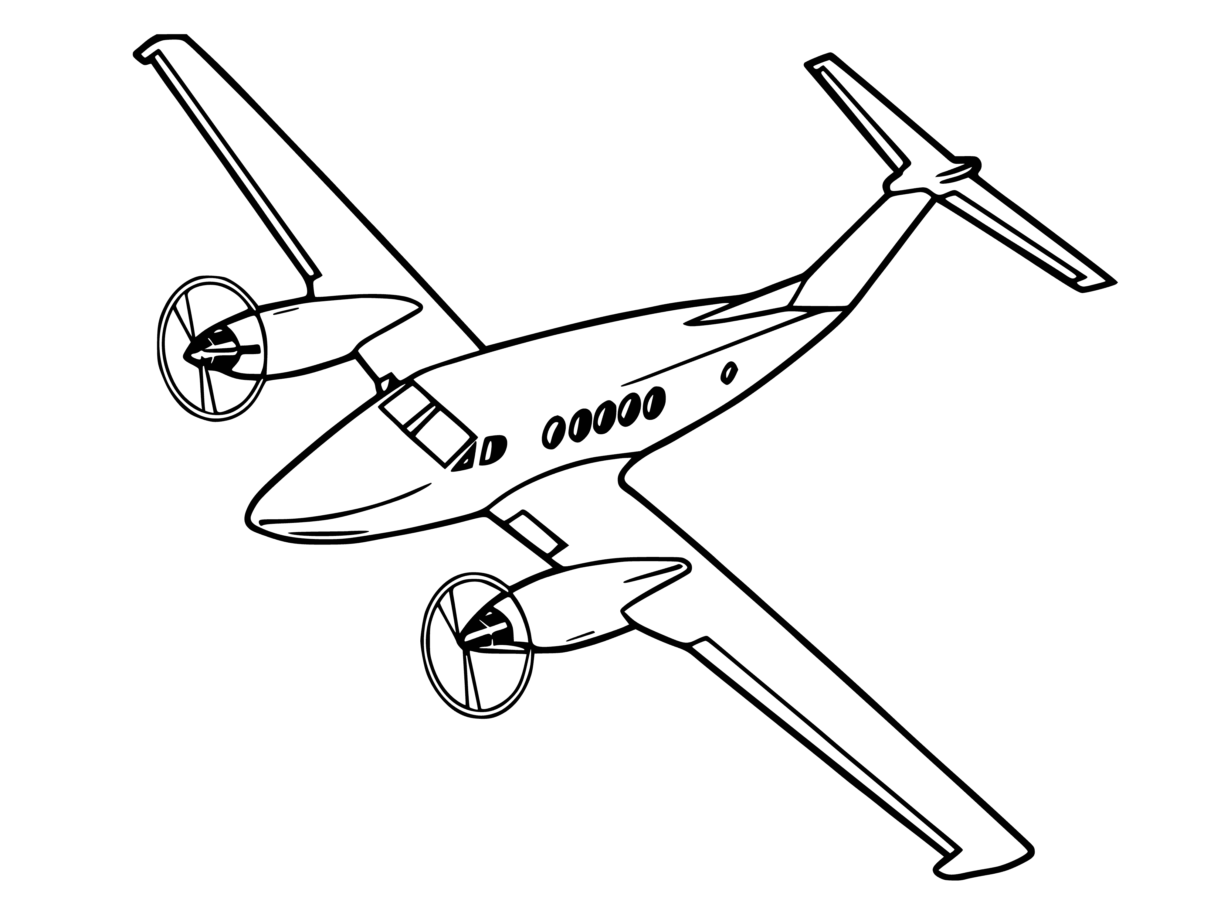coloring page: An airplane is a long, slender flying machine with pointed nose, tall tail, and wings; powered by silver engines and present on runways ready for takeoff. #aviation