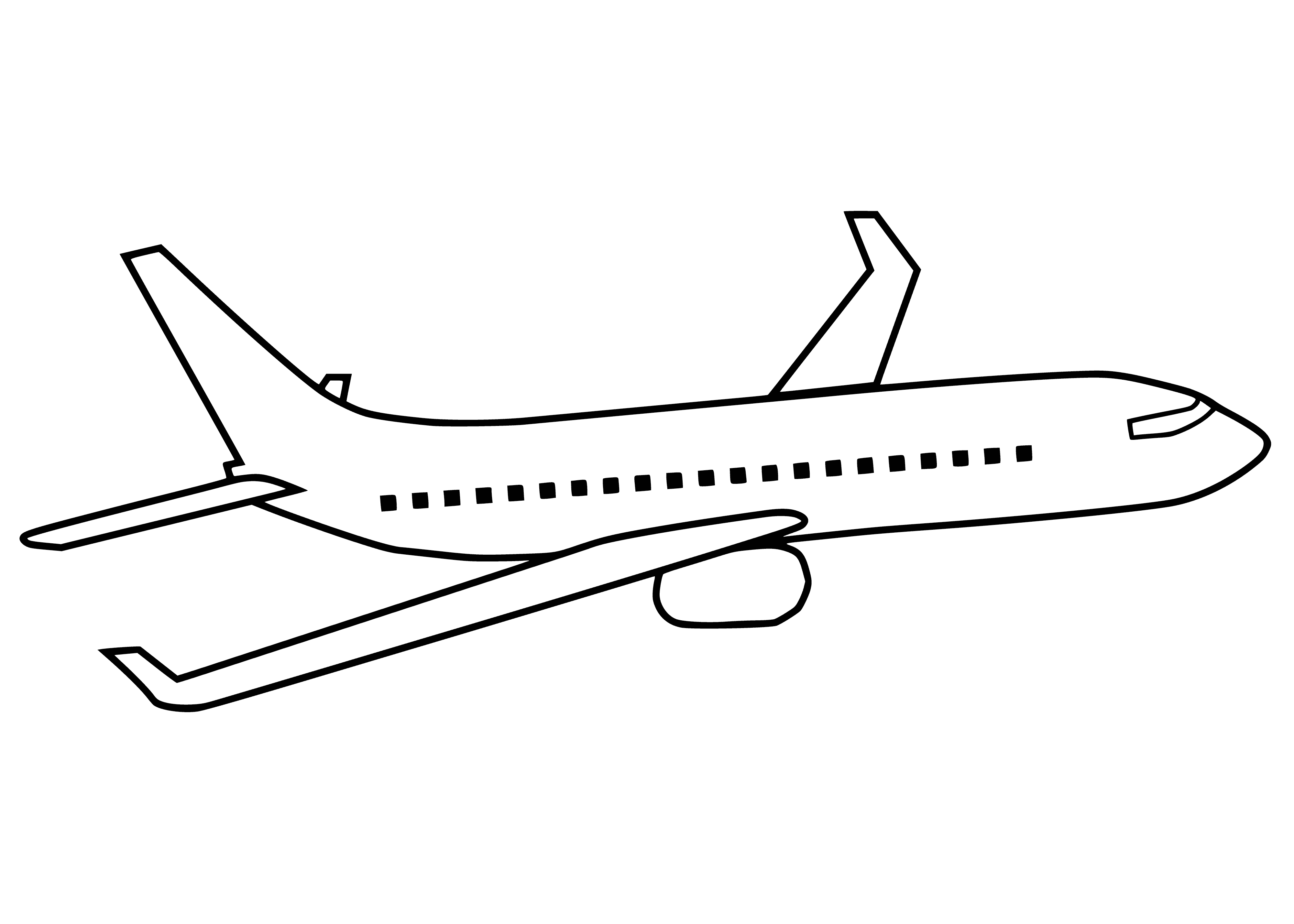 coloring page: A passenger plane transports people from one place to another and is usually equipped with comfy features such as reclining seats and large windows.