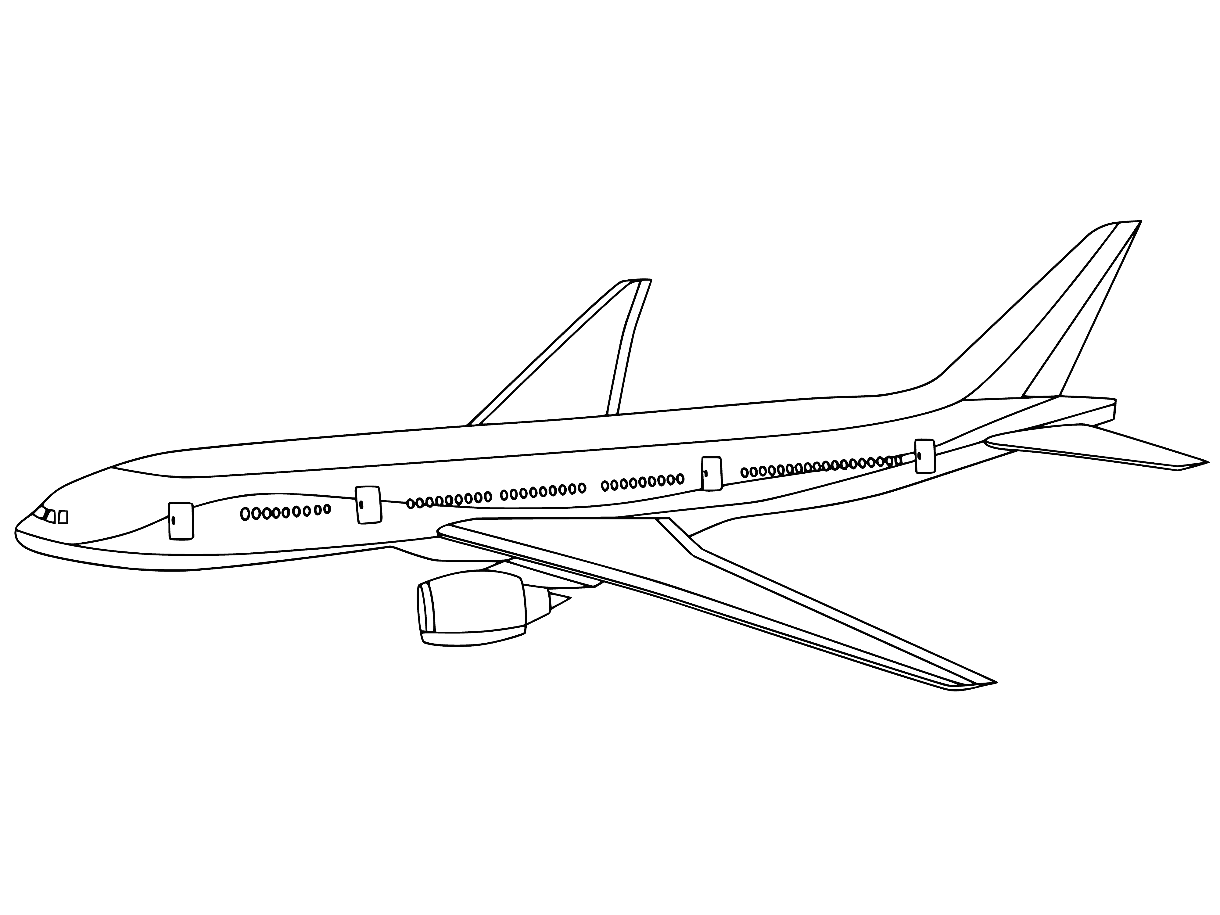 coloring page: Metal tube-shaped aircraft with attached wings, turbines, and windows sits on runway.