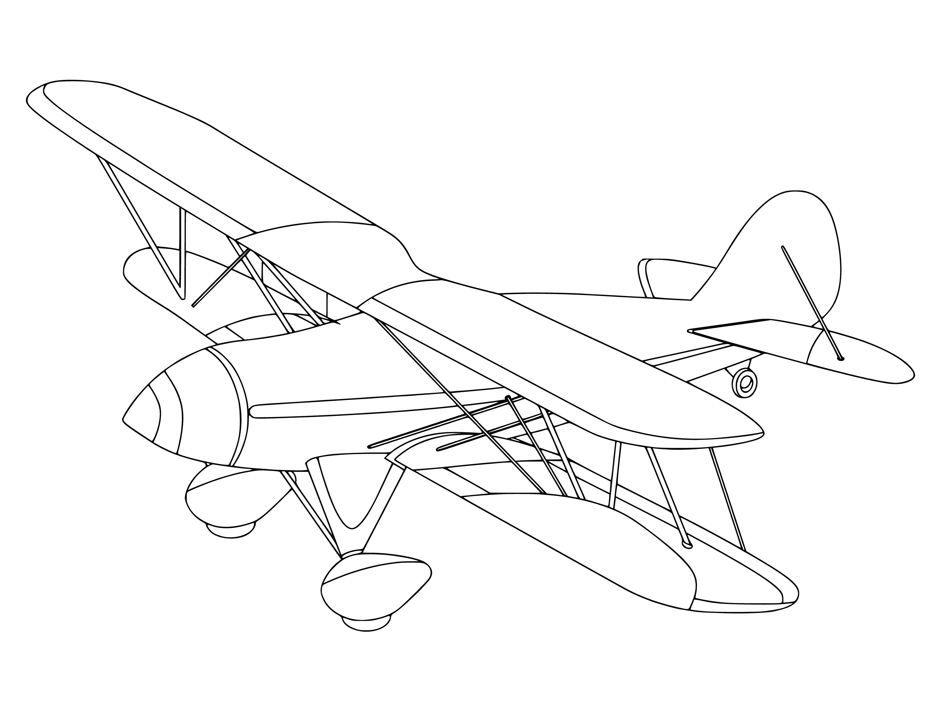 coloring page: Biplane with blue/white stripes and cockpit, engine at front, wings attached to fuselage, two sets of landing gear under each wing.