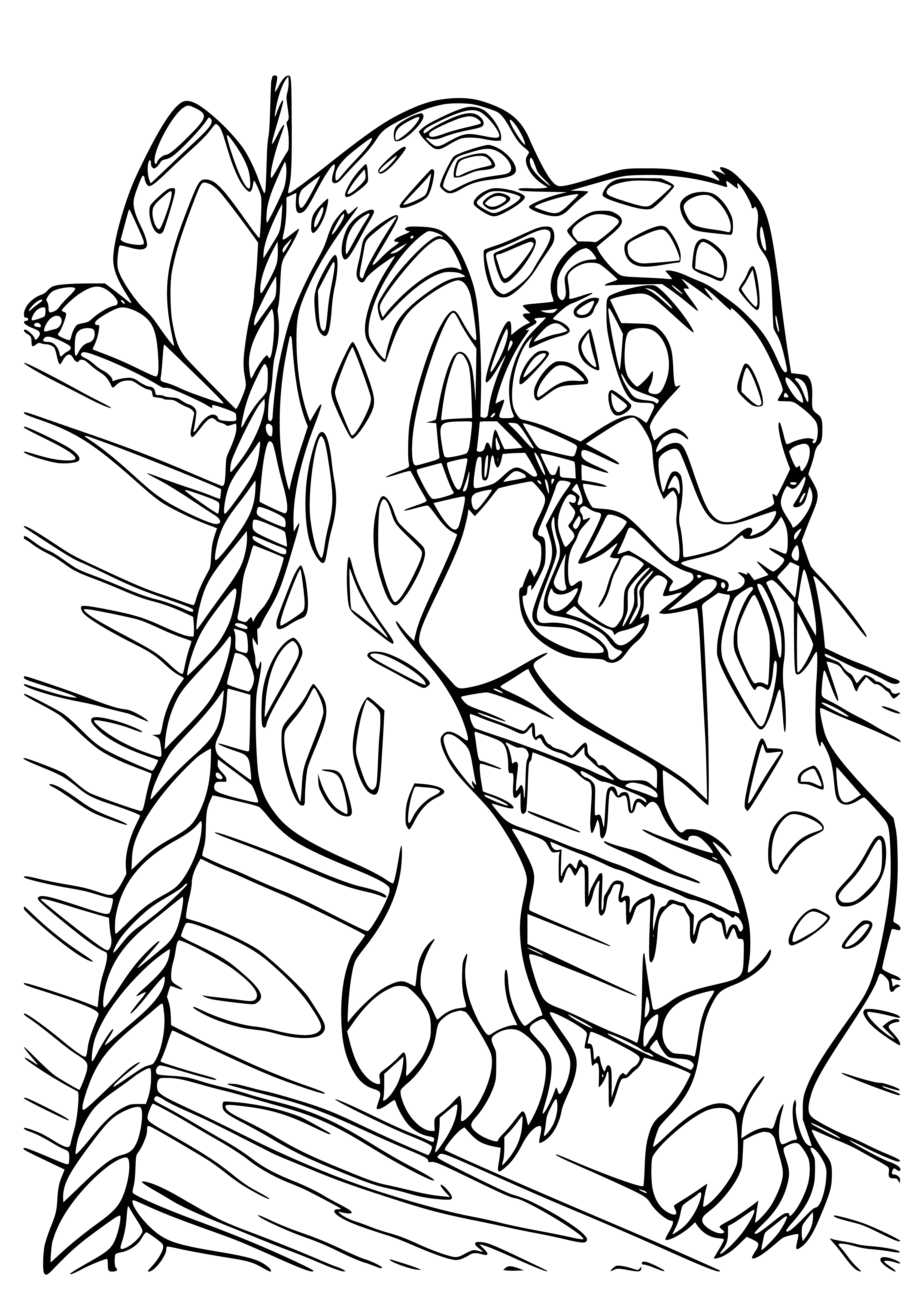 coloring page: A man wielding a spear towers above a snarling leopard with extended claws.