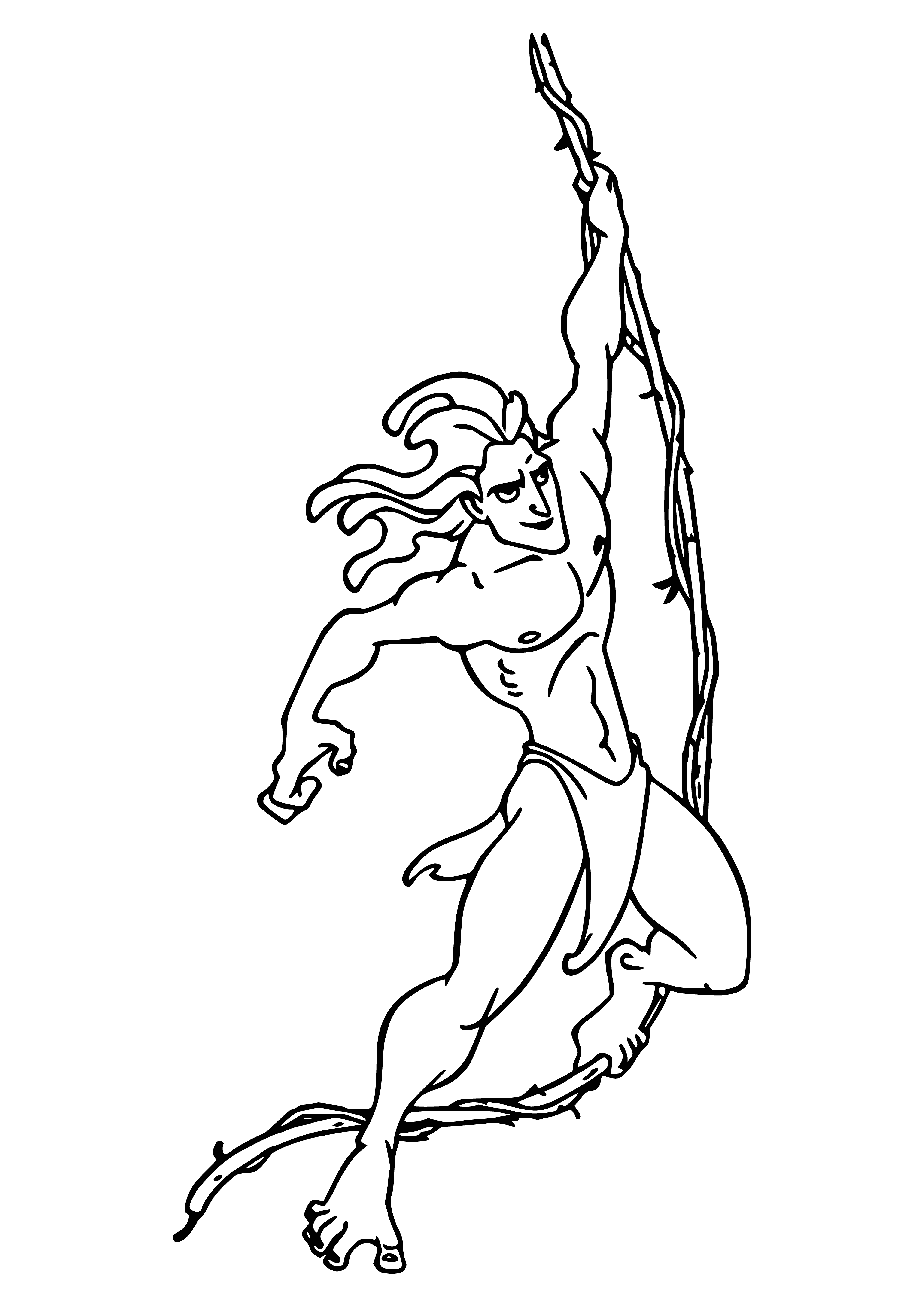 coloring page: A Tarzan-like character swings confidently above the jungle, looking out at the viewer.