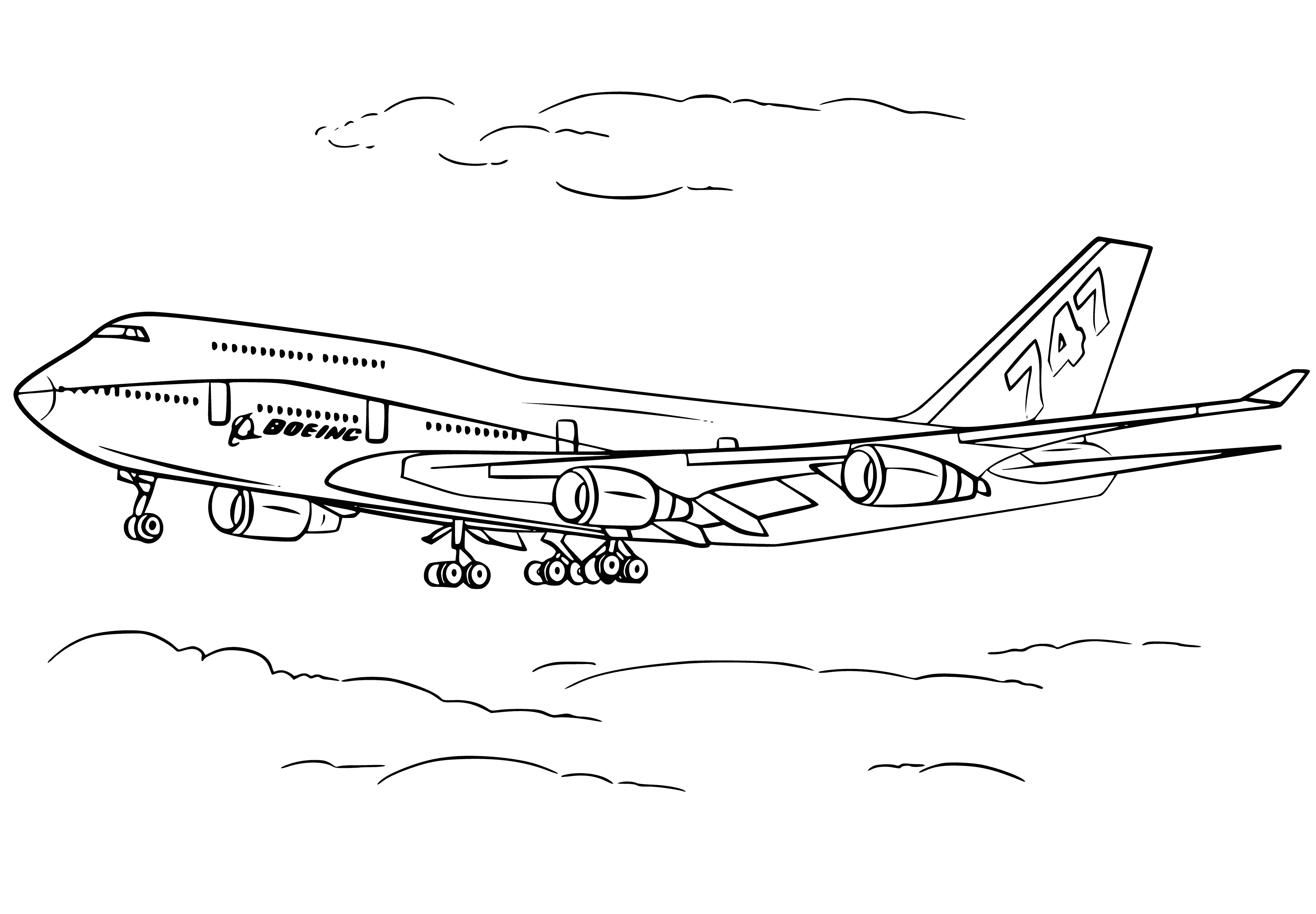 coloring page: Iconic wide-body jet, the Boeing 747 aka "Jumbo Jet," has carried passengers since 1969 & distinguished by its distinctive "hump" upper deck.