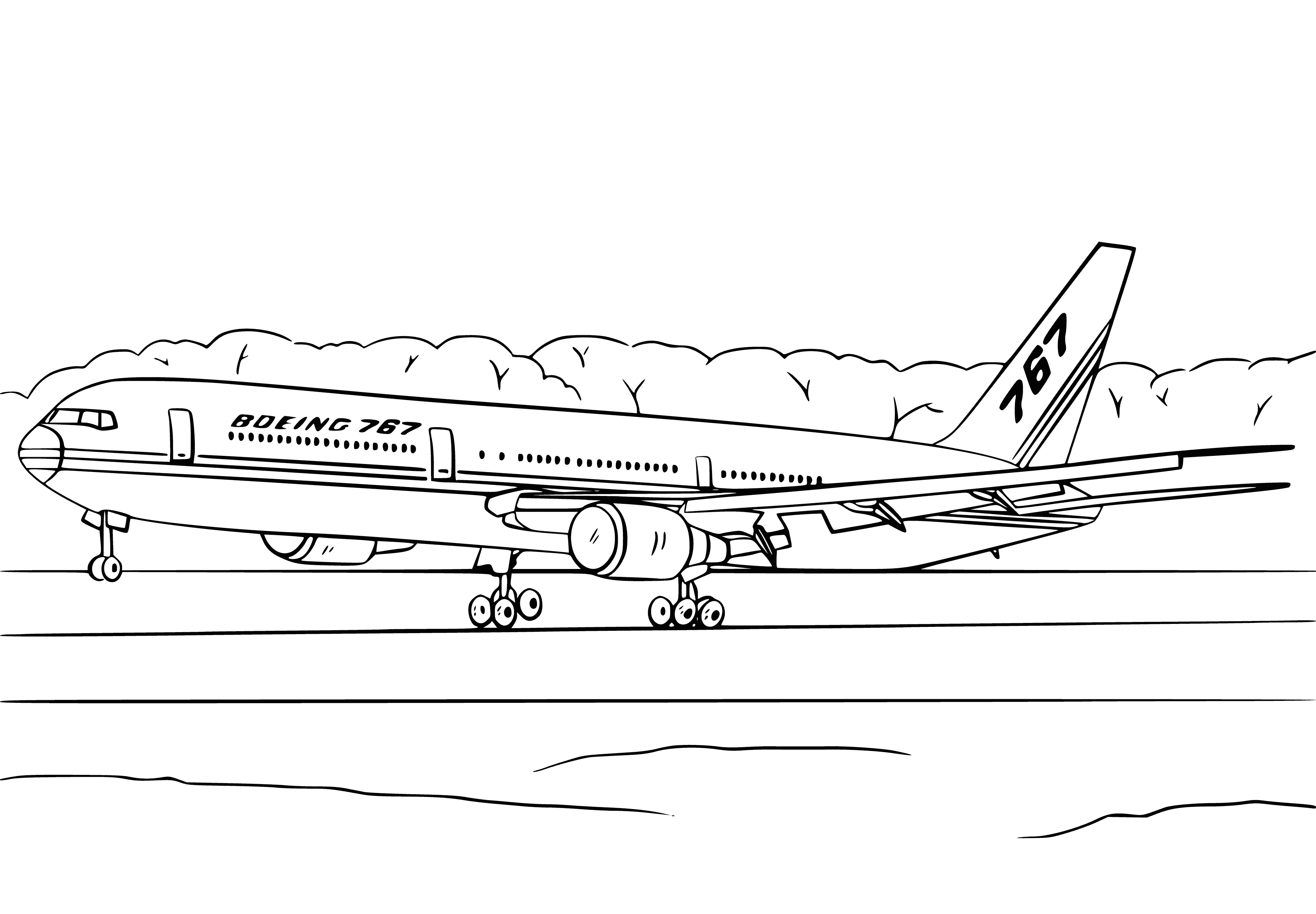 coloring page: Plane on runway: Boeing 767, white w/ blue & red stripes near tail, blue & white Boeing logo, 2 rows of windows, engine near tail.