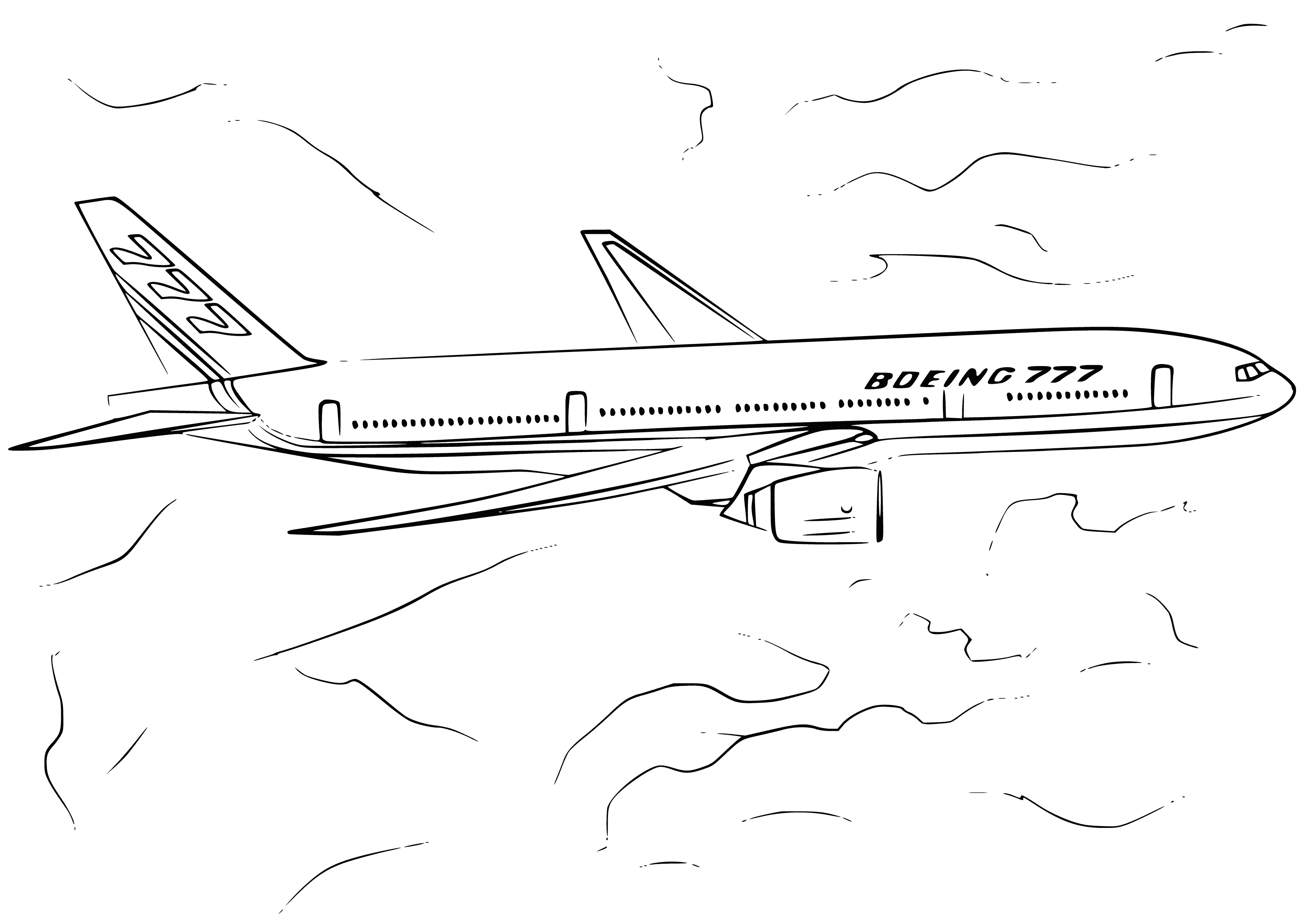 coloring page: A Boeing 777 soars in the sky with two engines, wide wings, and an upraised tail glittering in the sun.
