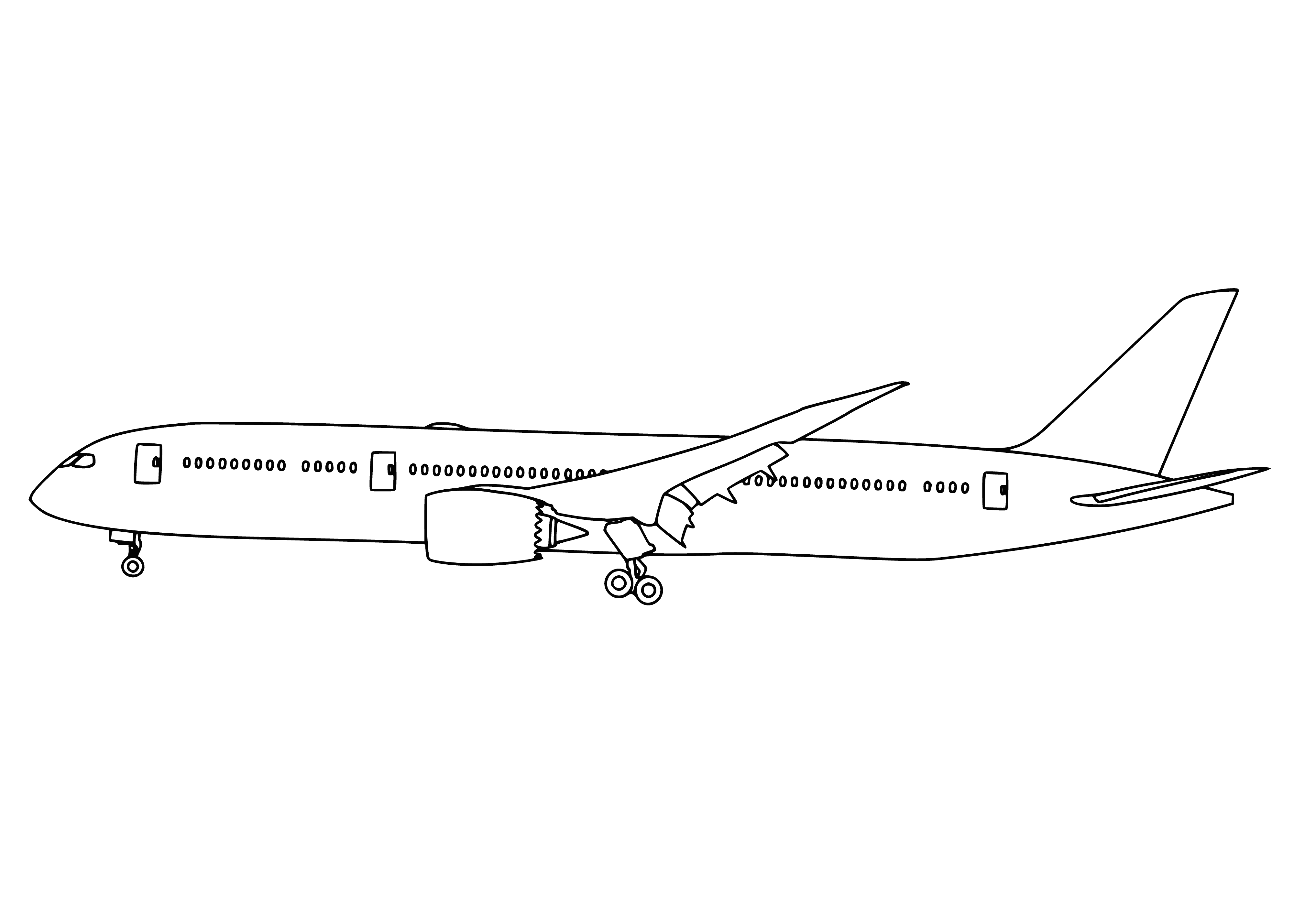 coloring page: 787 is a twin-engine, wide-body airplane; the first to use composite materials. It seats 210-290 and has a range of 8,500-9,400 nmi and two Rolls-Royce/GE engines.