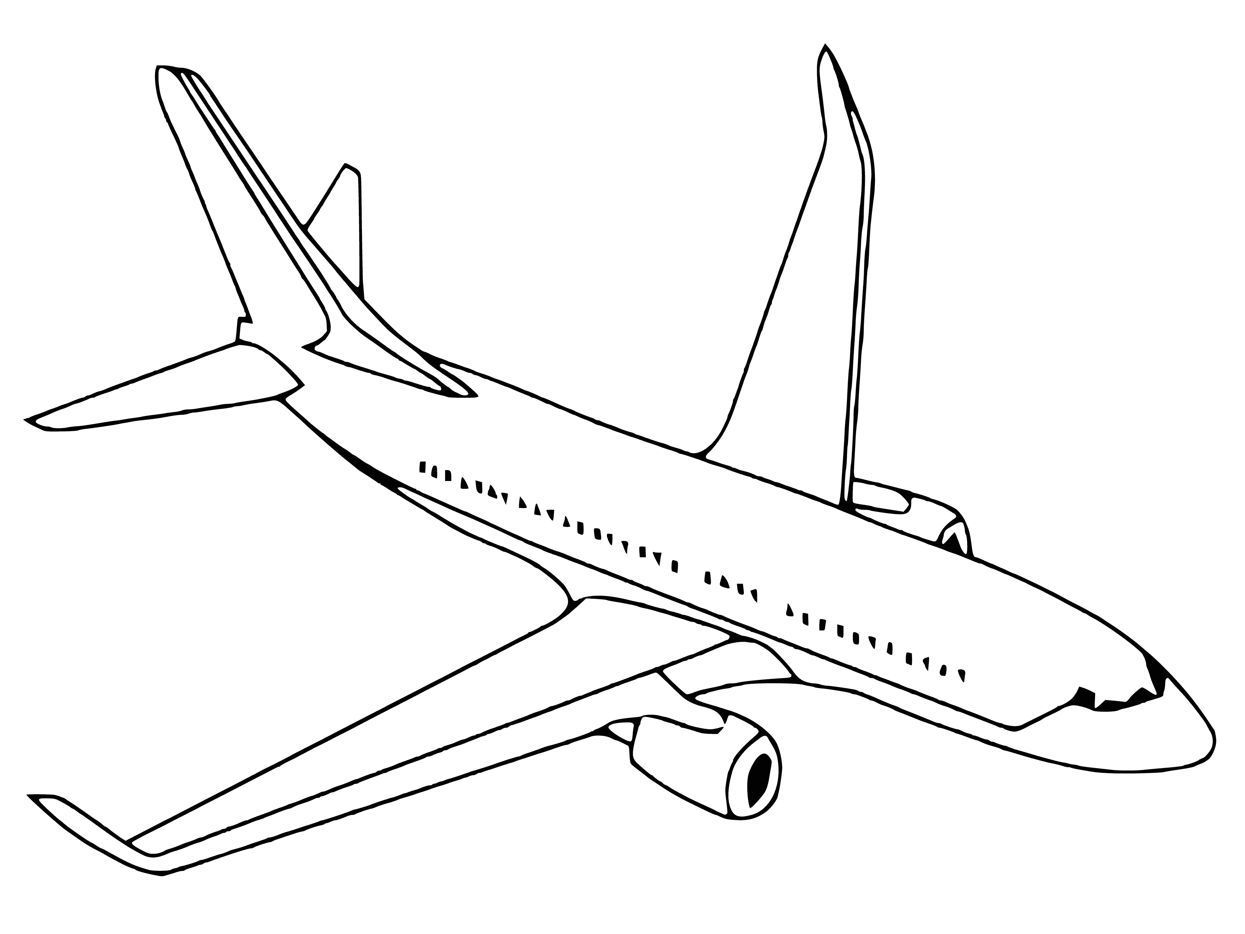 coloring page: Airplanes fly by propelling themselves forward, displacing air to generate lift for takeoff and flight. Wings Airplane uses engines, propellers & Jet Engines to push it forward, creating lift w/displaced air to take off &fly.