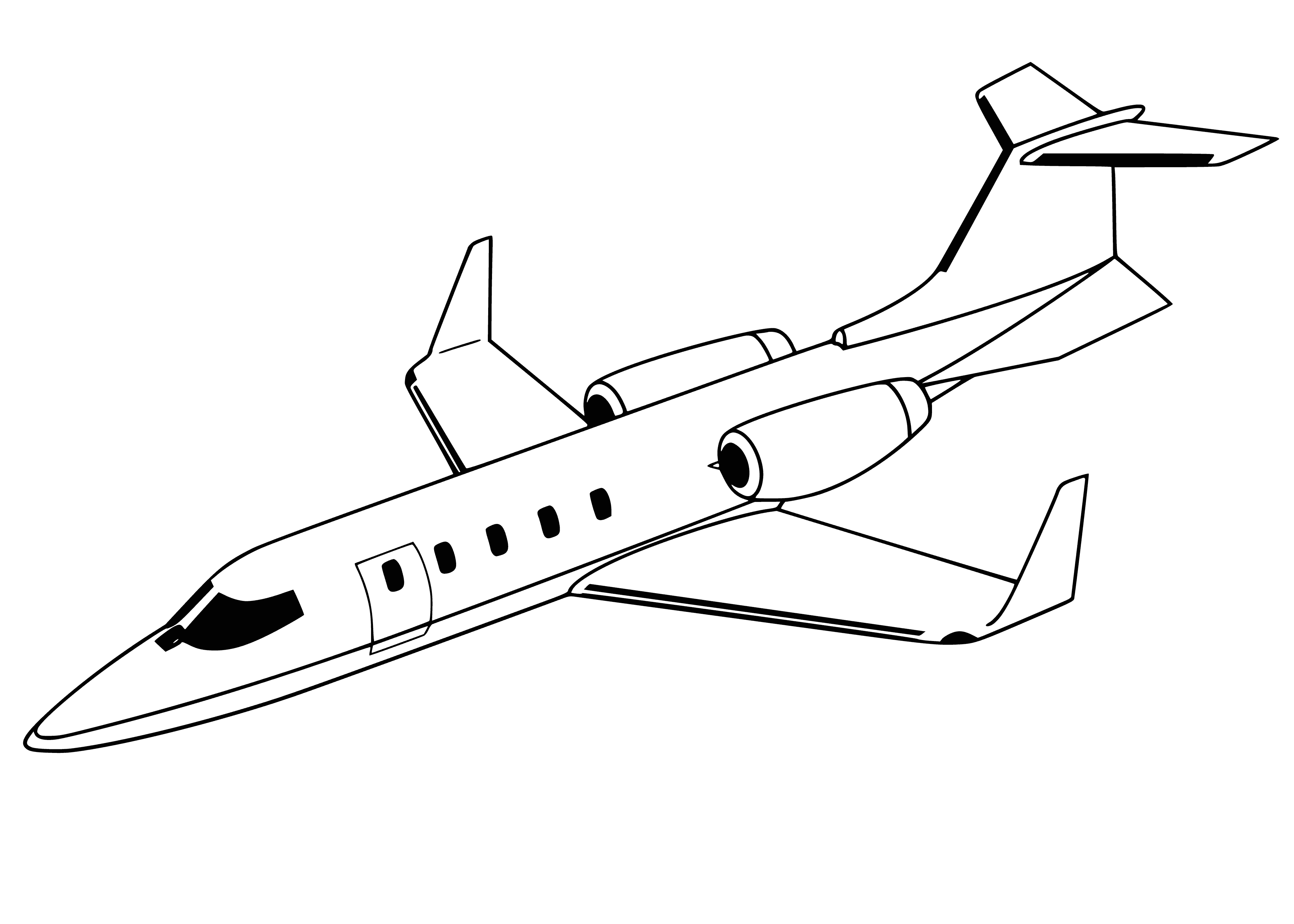 coloring page: Small plane w/green body & yellow wings. Has propeller on front & rockets on back.