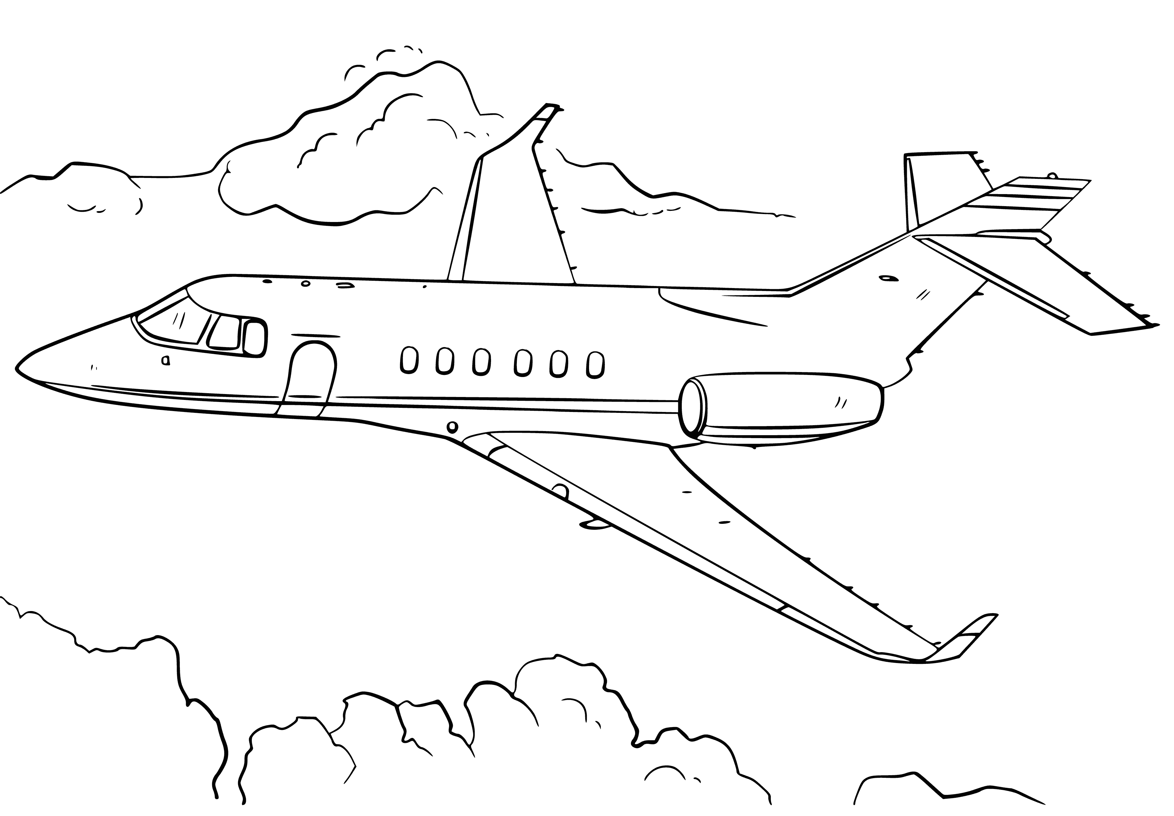 coloring page: Jet plane with silver sheen soars through sky, sun shining brightly off surface, leaving white smoke trail.