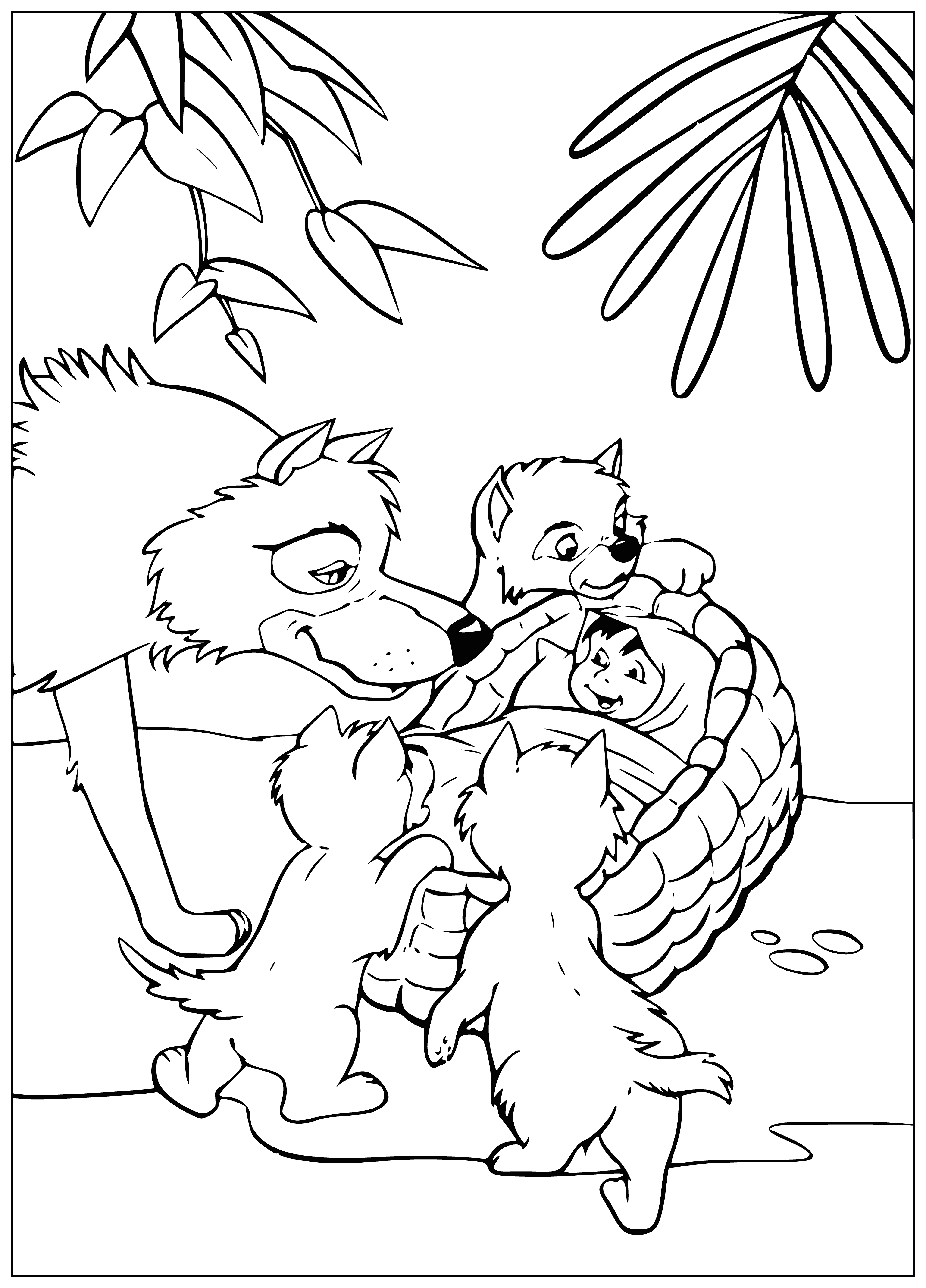 coloring page: Boy stares at fierce wolf in jungle surrounded by pack. Knife in hand, he's ready for challenge. #ColoringPageScene