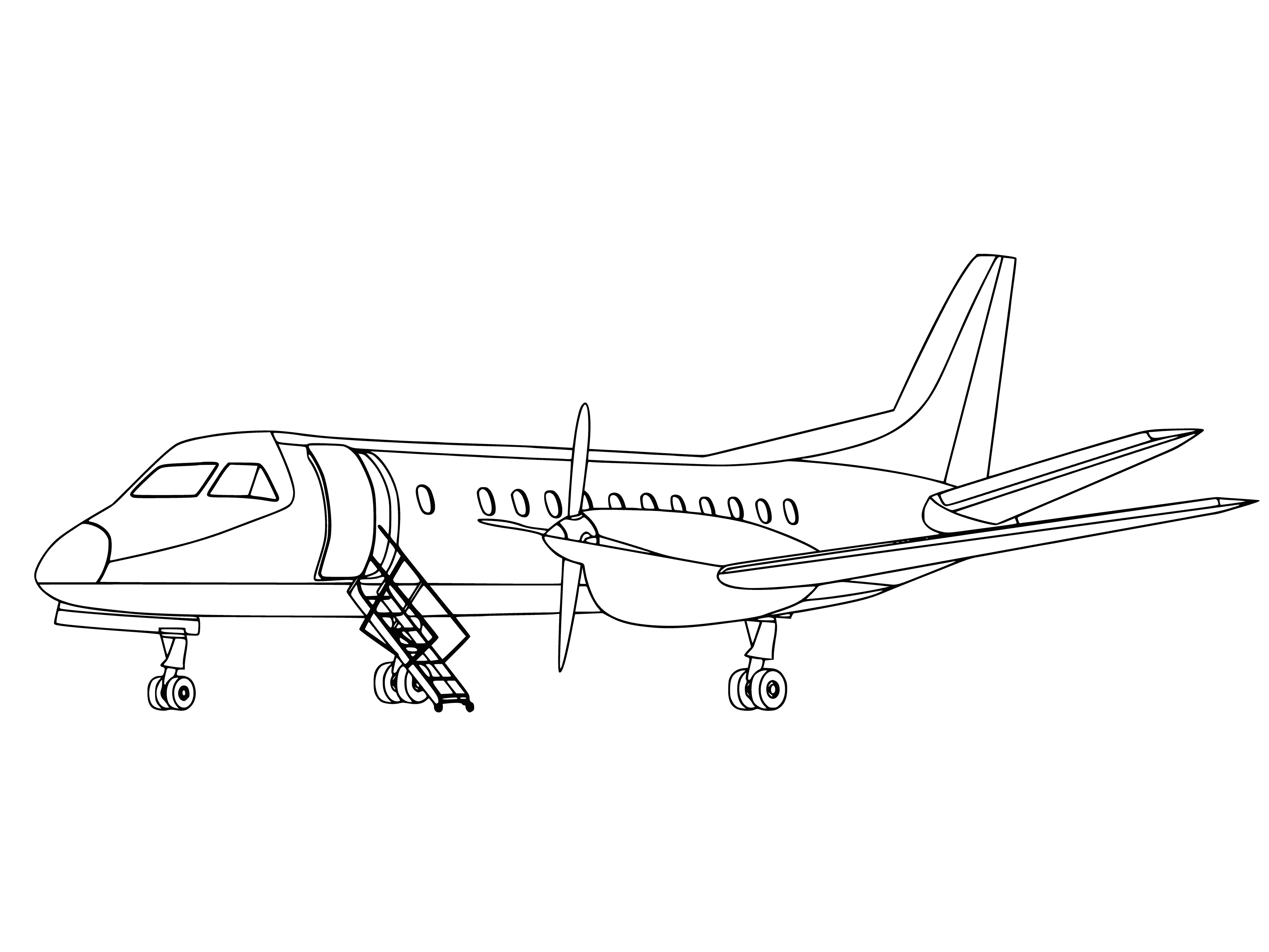 coloring page: A large metal tube-shaped vessel w/ metal wings, propellers, and windows mounted onto poles.